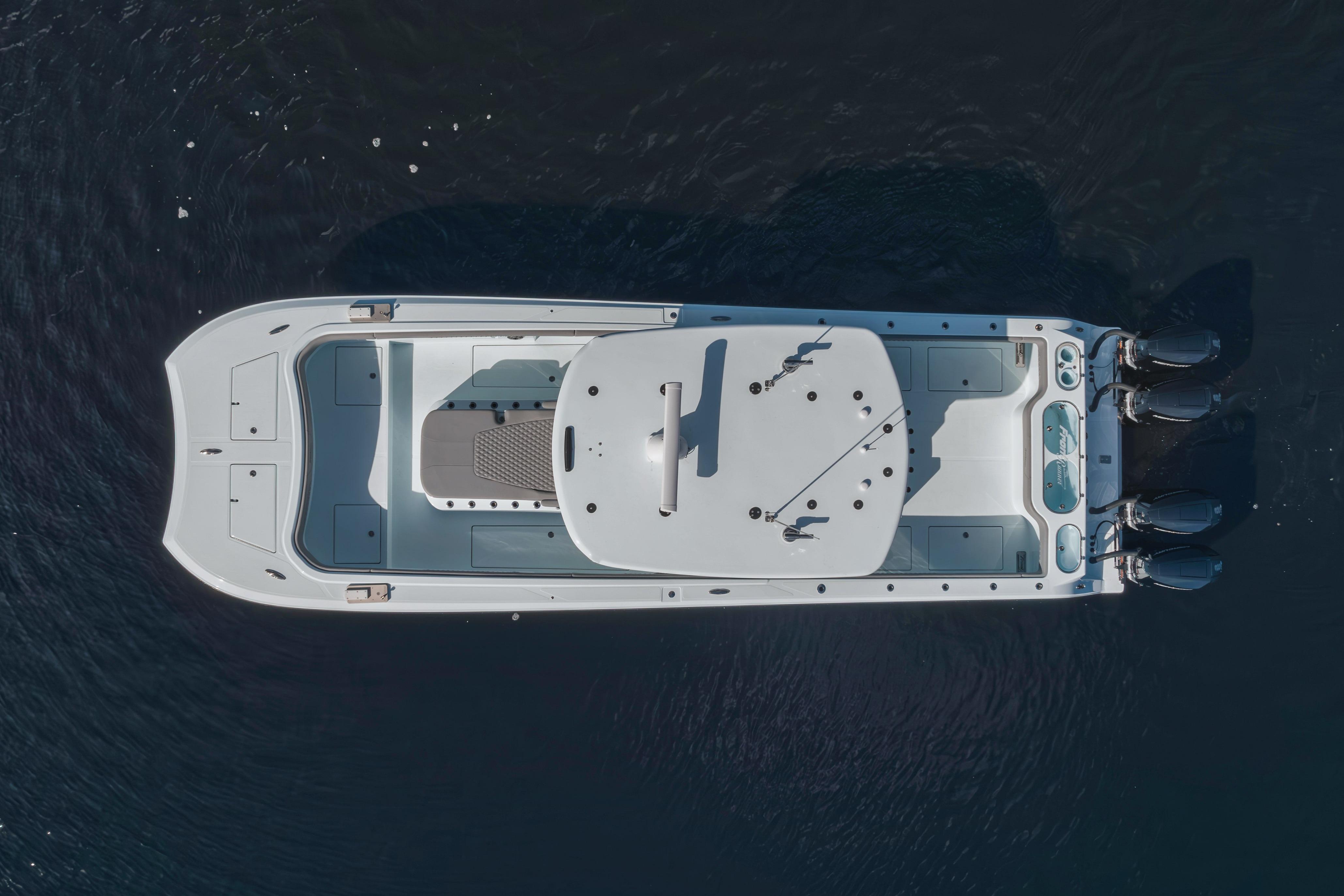 Aerial view of 2026 Front Runner 37' Catamaran on dark water.