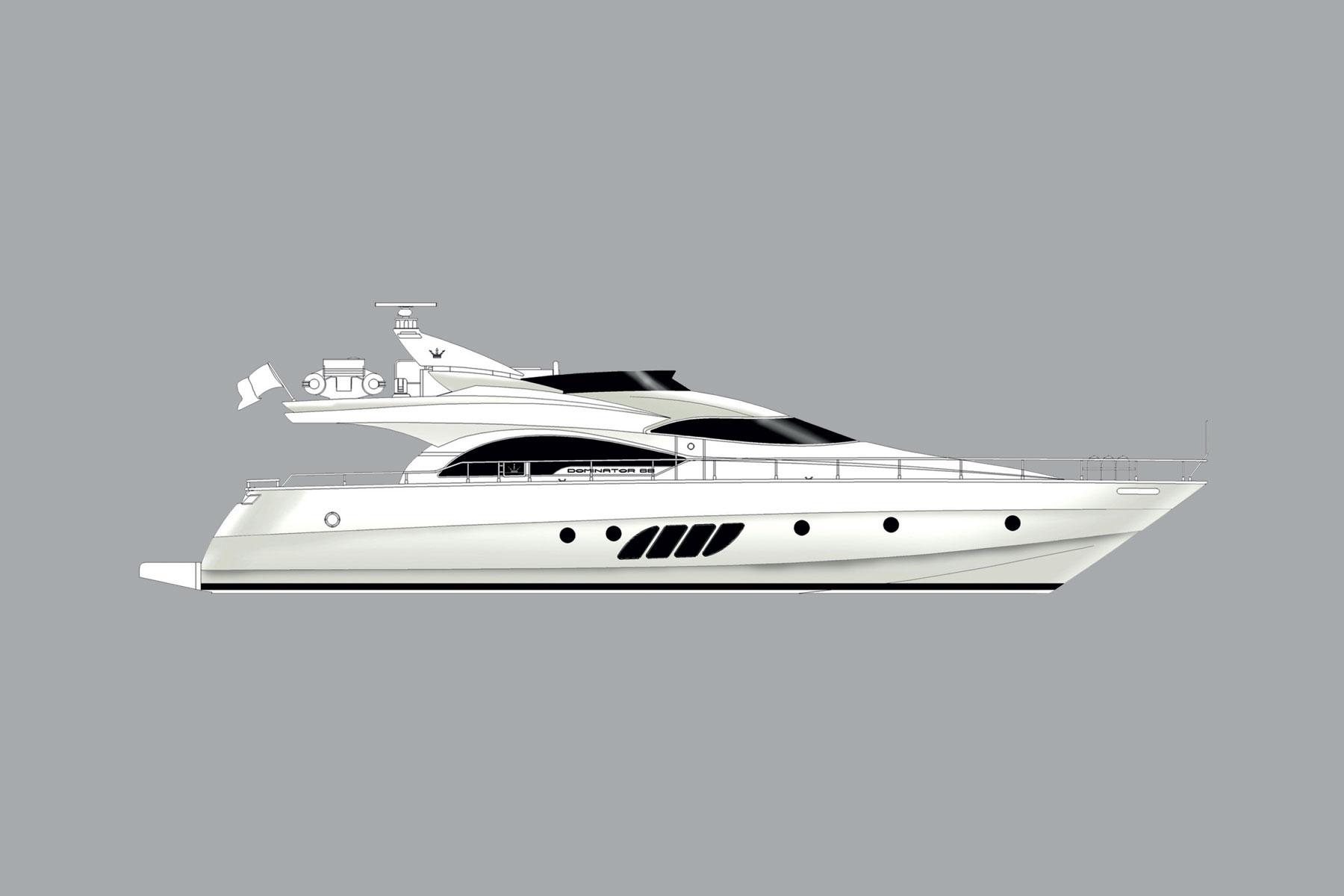 Side view of a 2008 Dominator 680 yacht.
