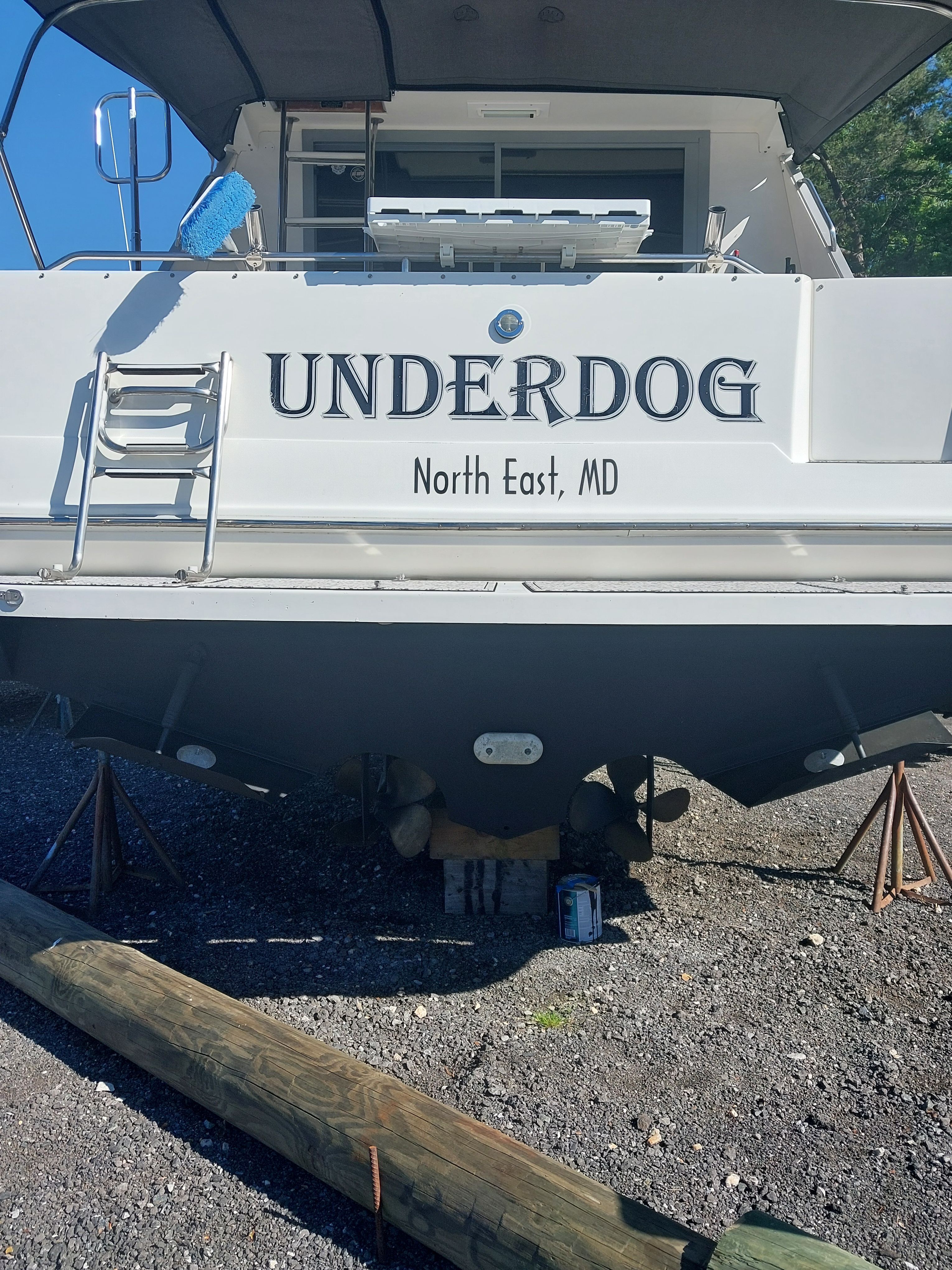1991 Sea Ray 370 Sedan Bridge on stands, named 'UNDERDOG', North East, MD.