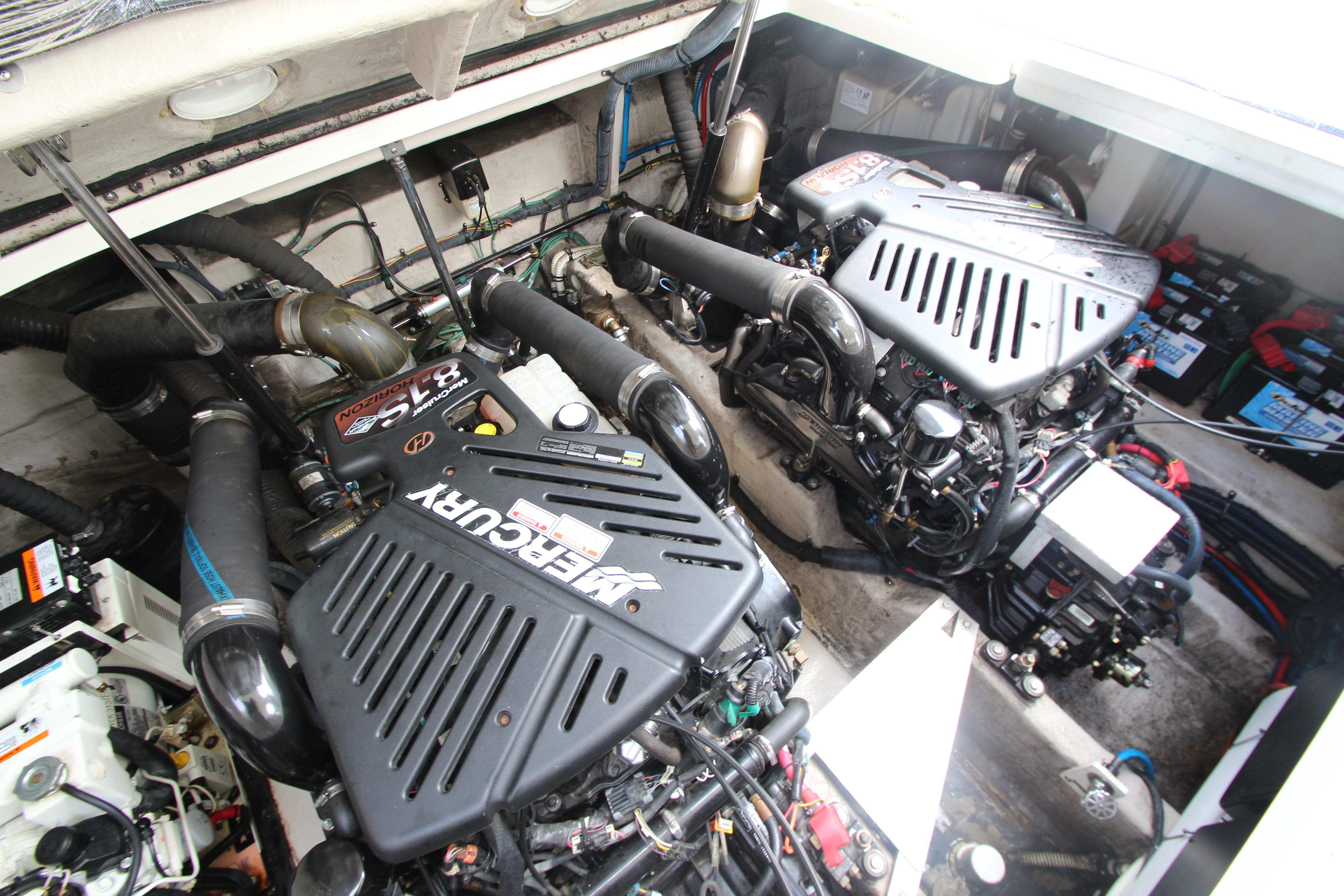 Engine room of a 2004 Sea Ray 40 Sundancer with twin MerCruiser engines.