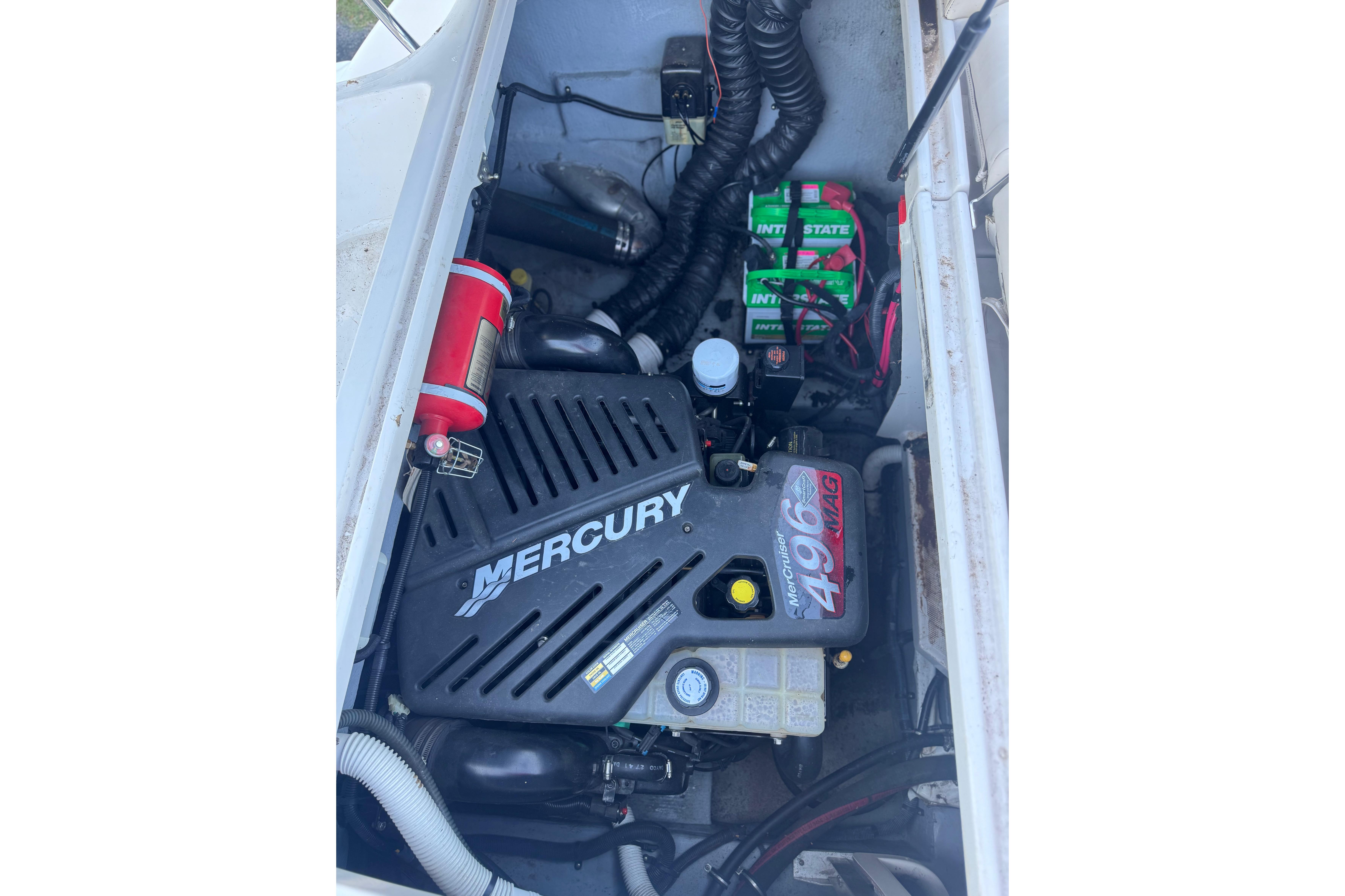 Engine compartment of a Monterey 268SS Super Sport with Mercury 496 MAG engine.