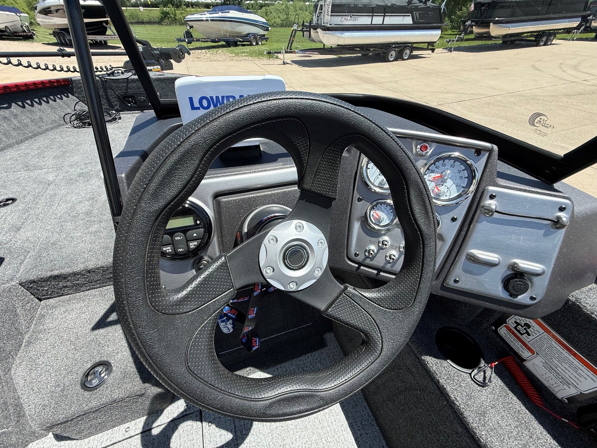 Steering wheel of 2024 Tracker Pro Guide V175 with dashboard.