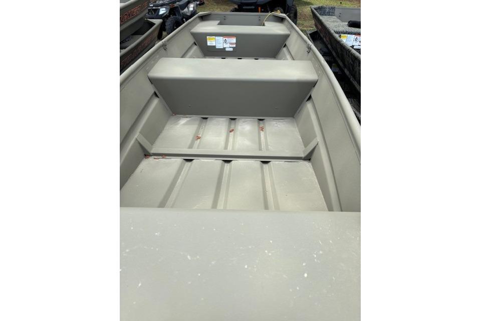 2026 Tracker Grizzly 14 Jon boat interior, showcasing spacious seating and durable construction.