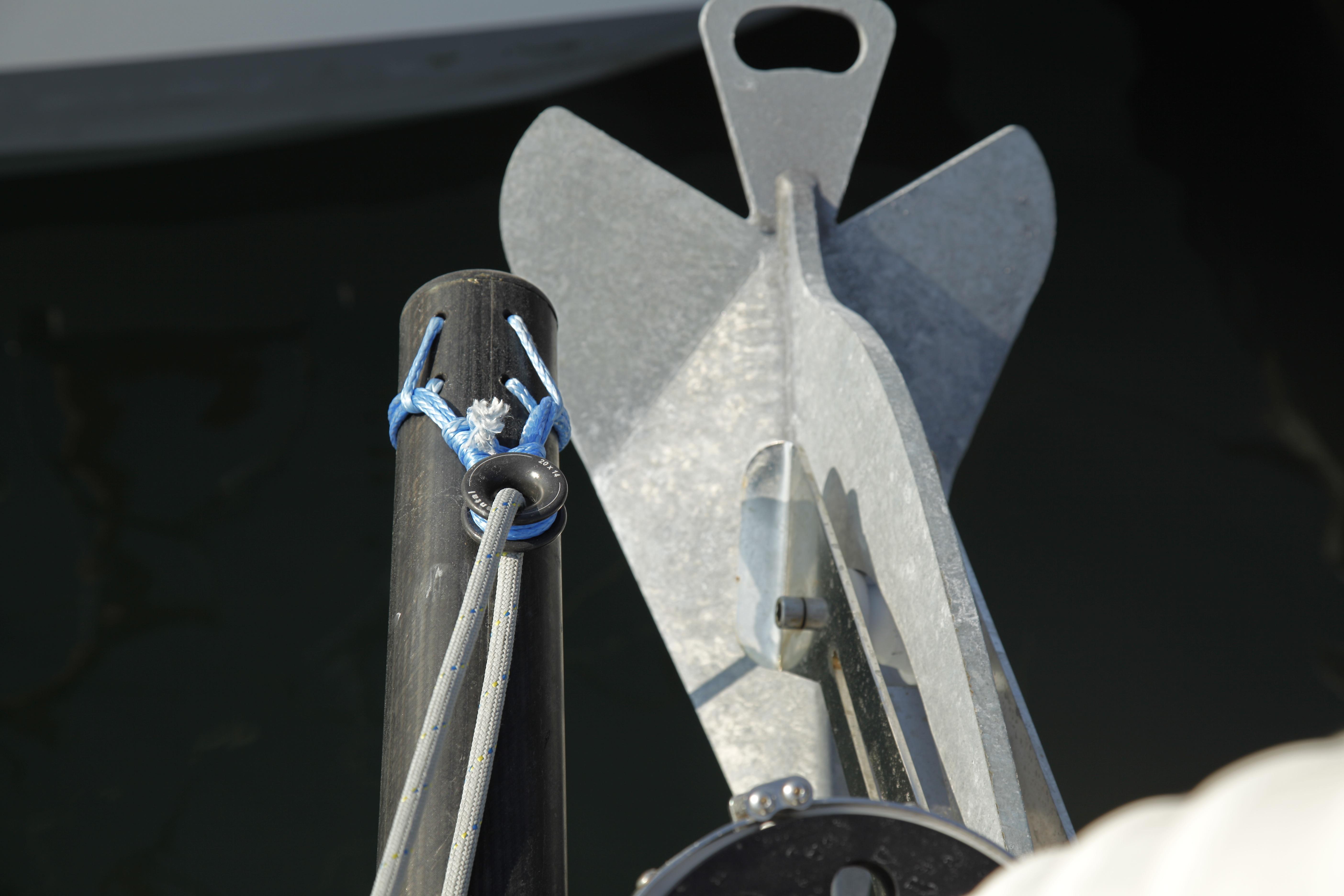 Boat anchor setup on Pogo 1250, 2017 model, with ropes and metal fittings.