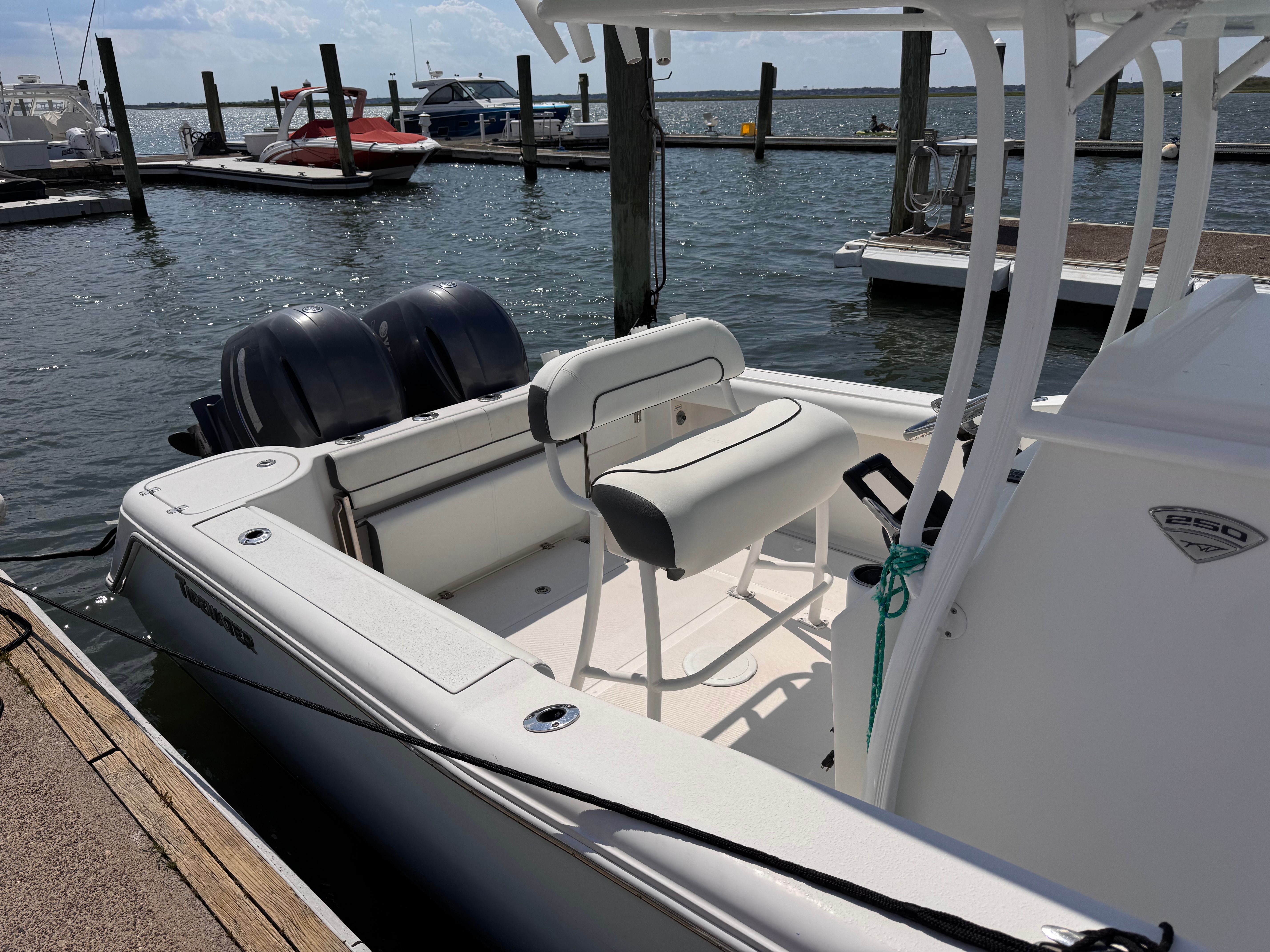 2015 Tidewater 250 Adventure at dock with twin outboard engines.