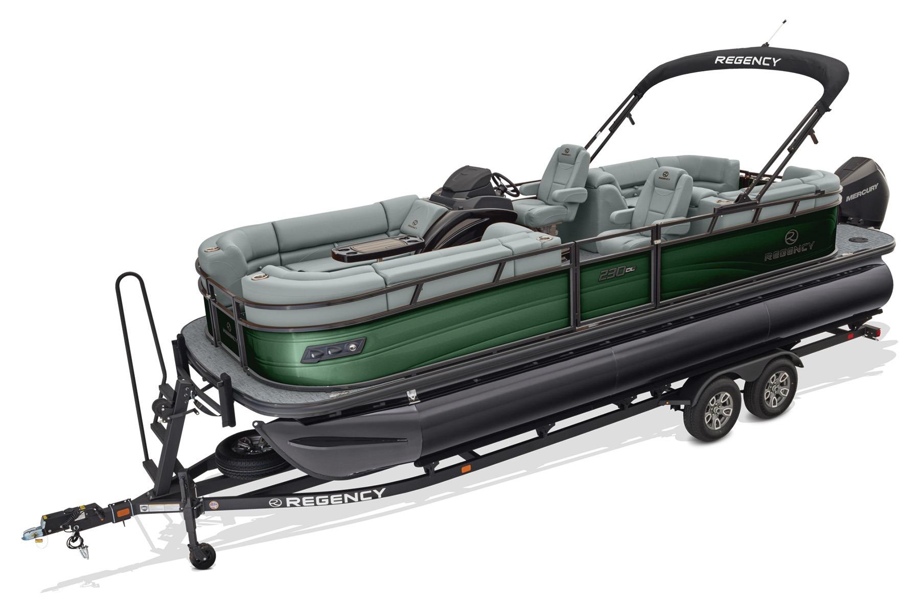 2026 Regency 230 DL pontoon boat on trailer, featuring sleek design and comfortable seating.