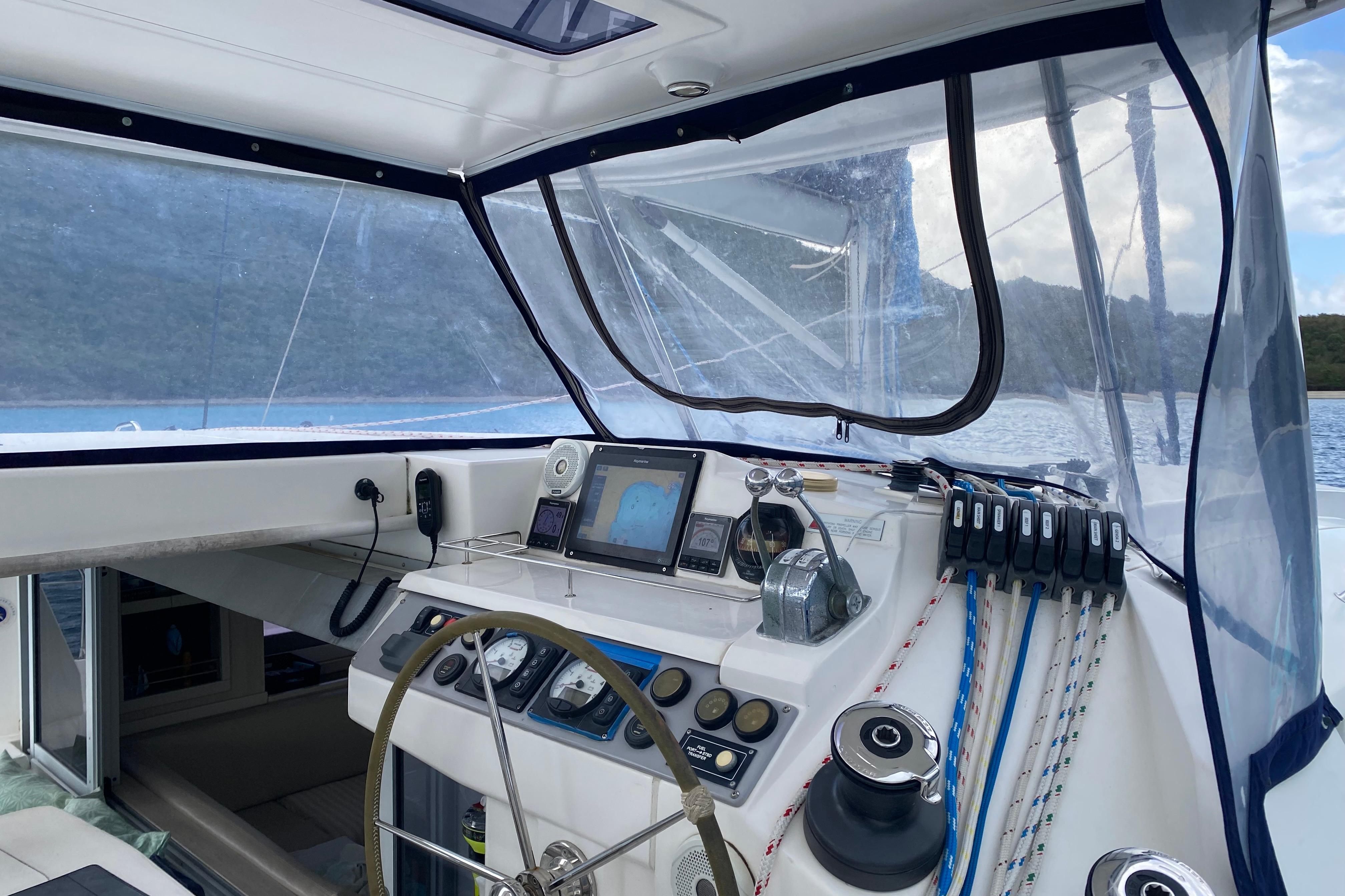 Helm of 2017 Leopard 40 catamaran with navigation equipment and controls.