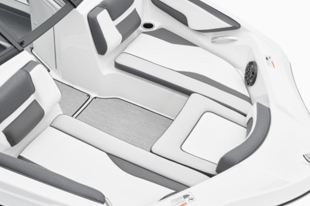 2026 Yamaha Boats SX195 interior with sleek white and gray seating design.