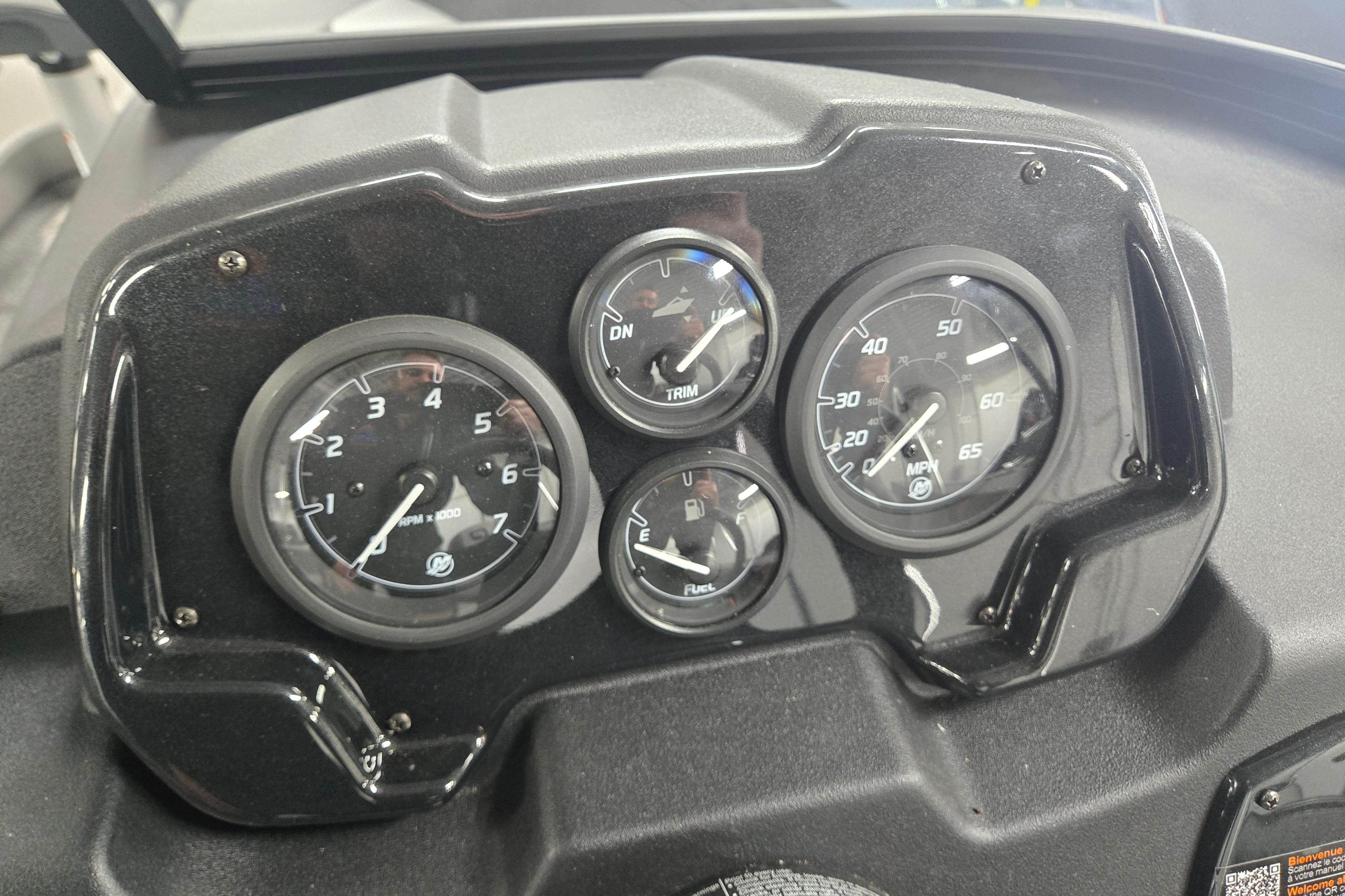 Dashboard of 2026 Princecraft Sport 175 MAX boat with gauges for RPM, speed, and fuel.