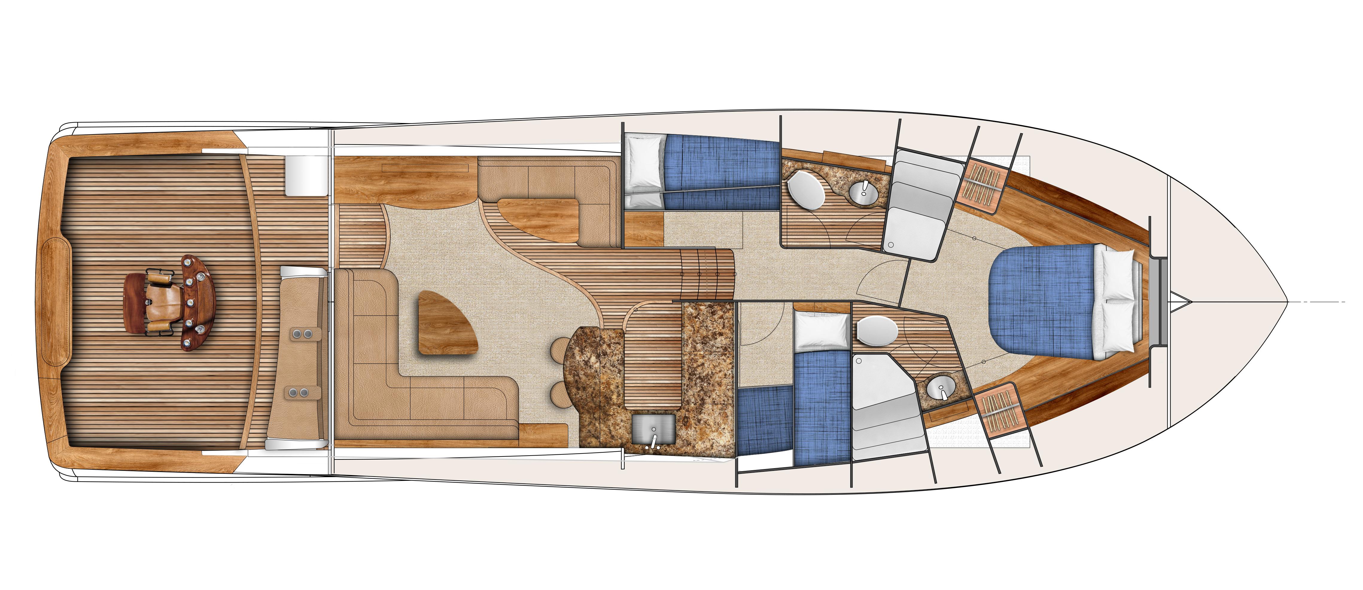 2024 Albemarle Spencer Edition boat interior layout with bedrooms, bathrooms, and living area.