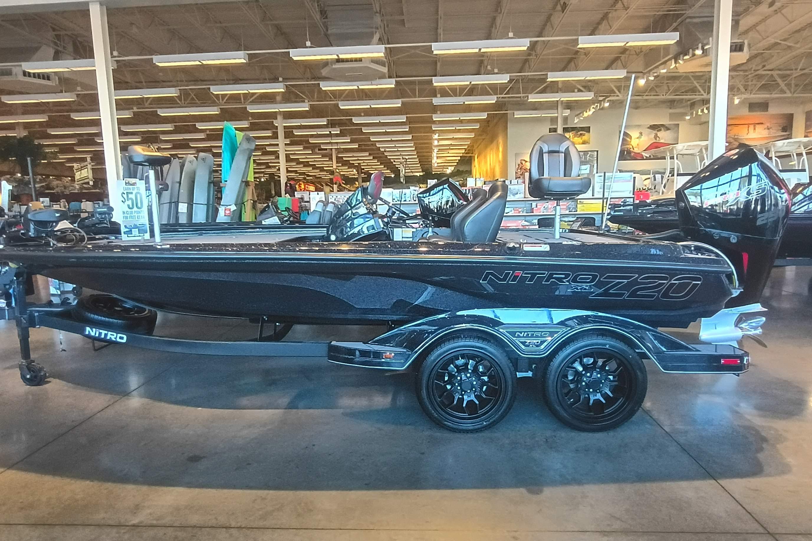 2026 Nitro Z20 XL Pro boat displayed in a showroom, featuring sleek design and modern features.