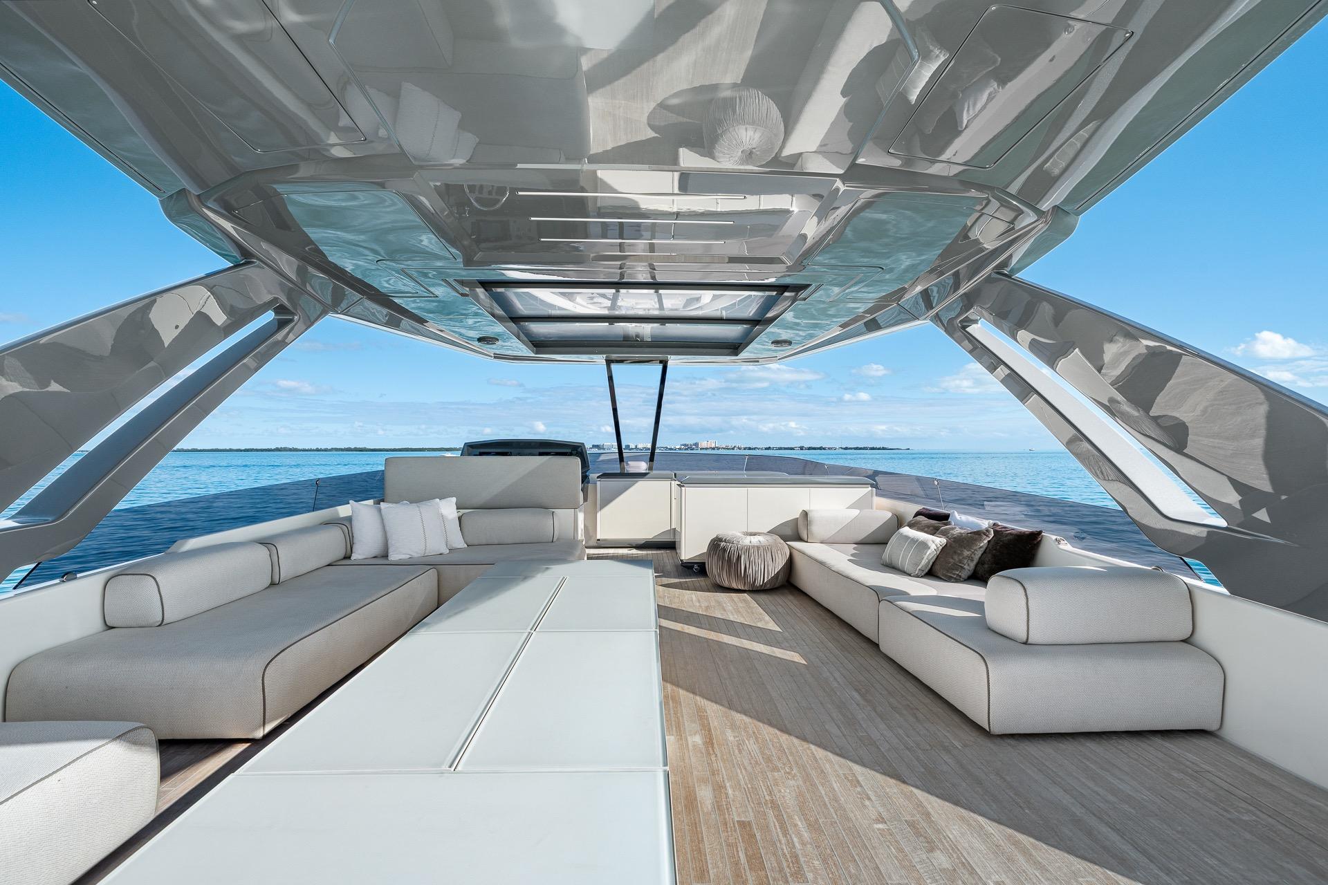 Luxurious 2018 Ferretti Yachts 850 with spacious deck and modern seating.