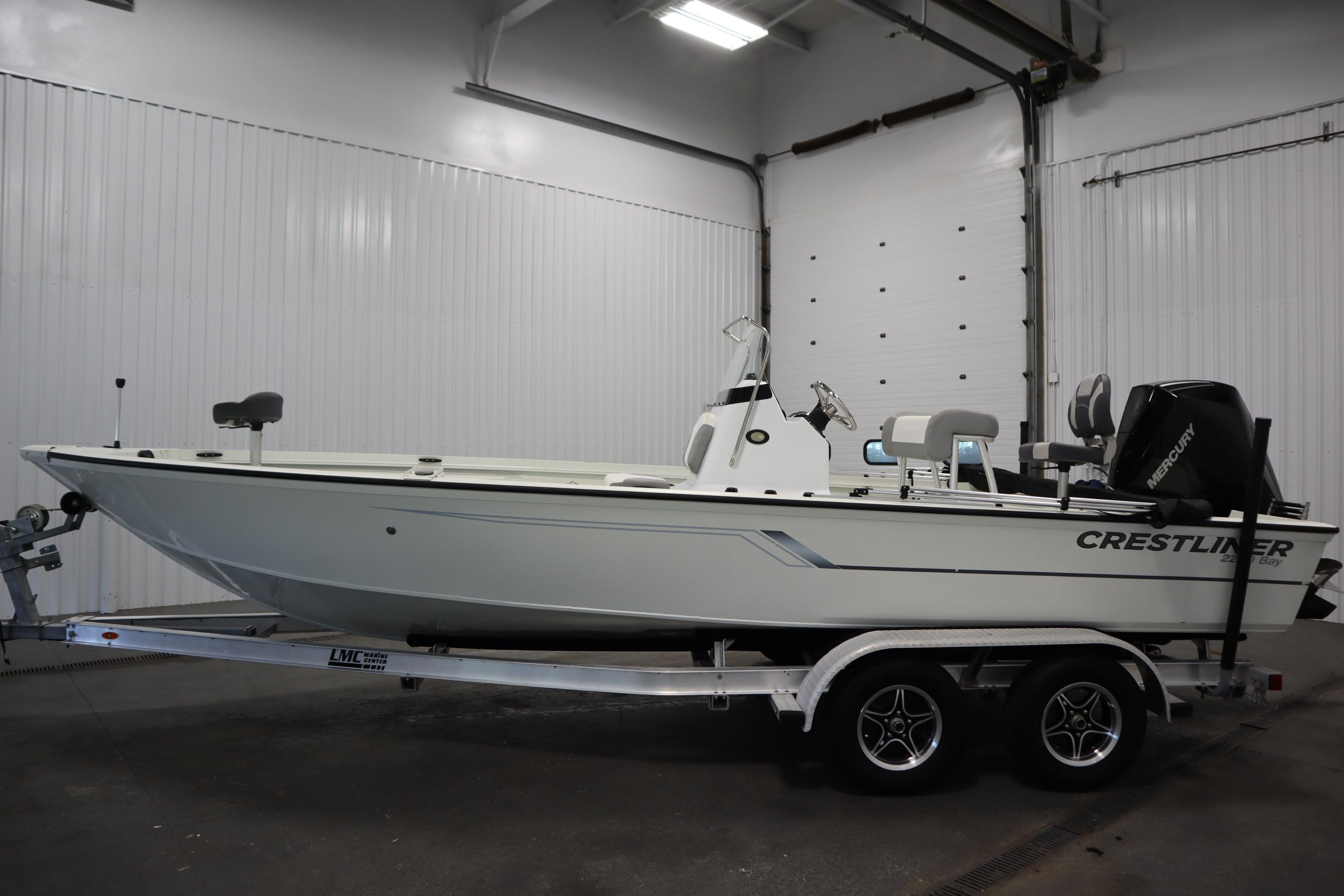 2022 Crestliner 2200 CC boat on trailer in indoor storage.