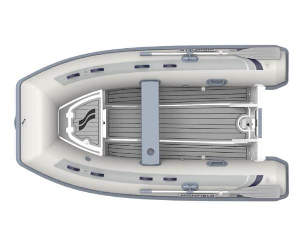 2025 Highfield Classic 340 inflatable boat, top view, gray and white design.