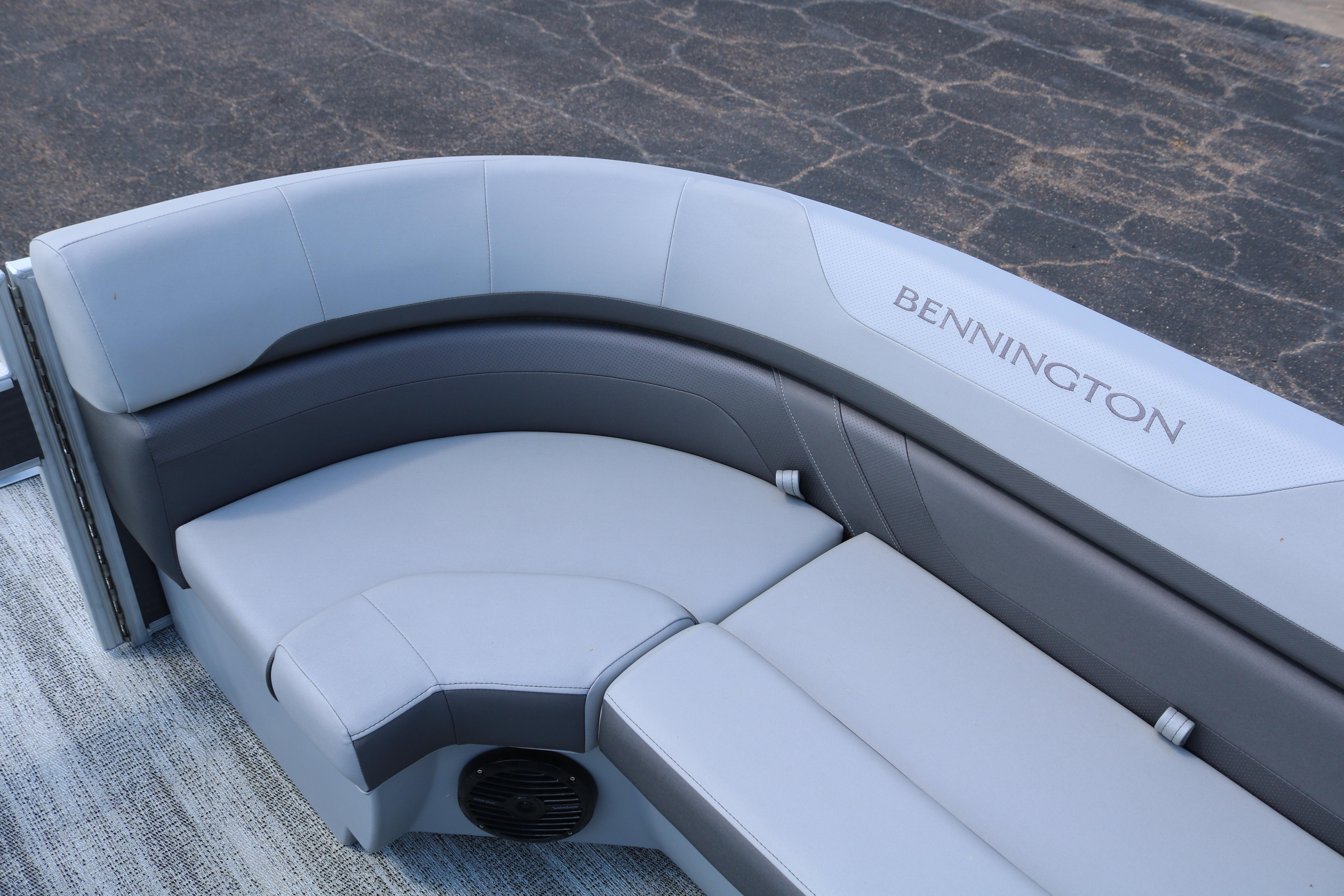 2026 Bennington 20SXSNP REAR FISH boat seating with gray upholstery.