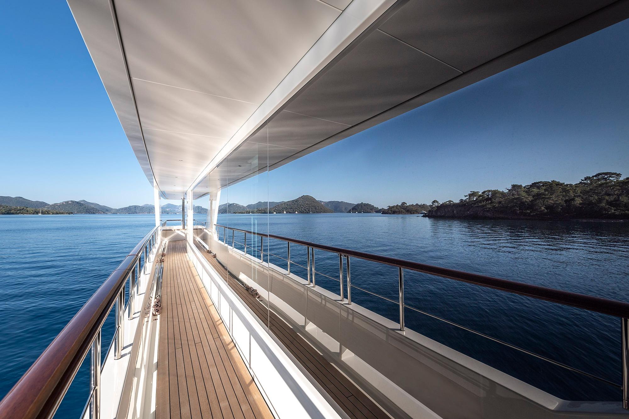 Luxurious Yildiz 141 yacht deck with scenic ocean view, 2019 model.