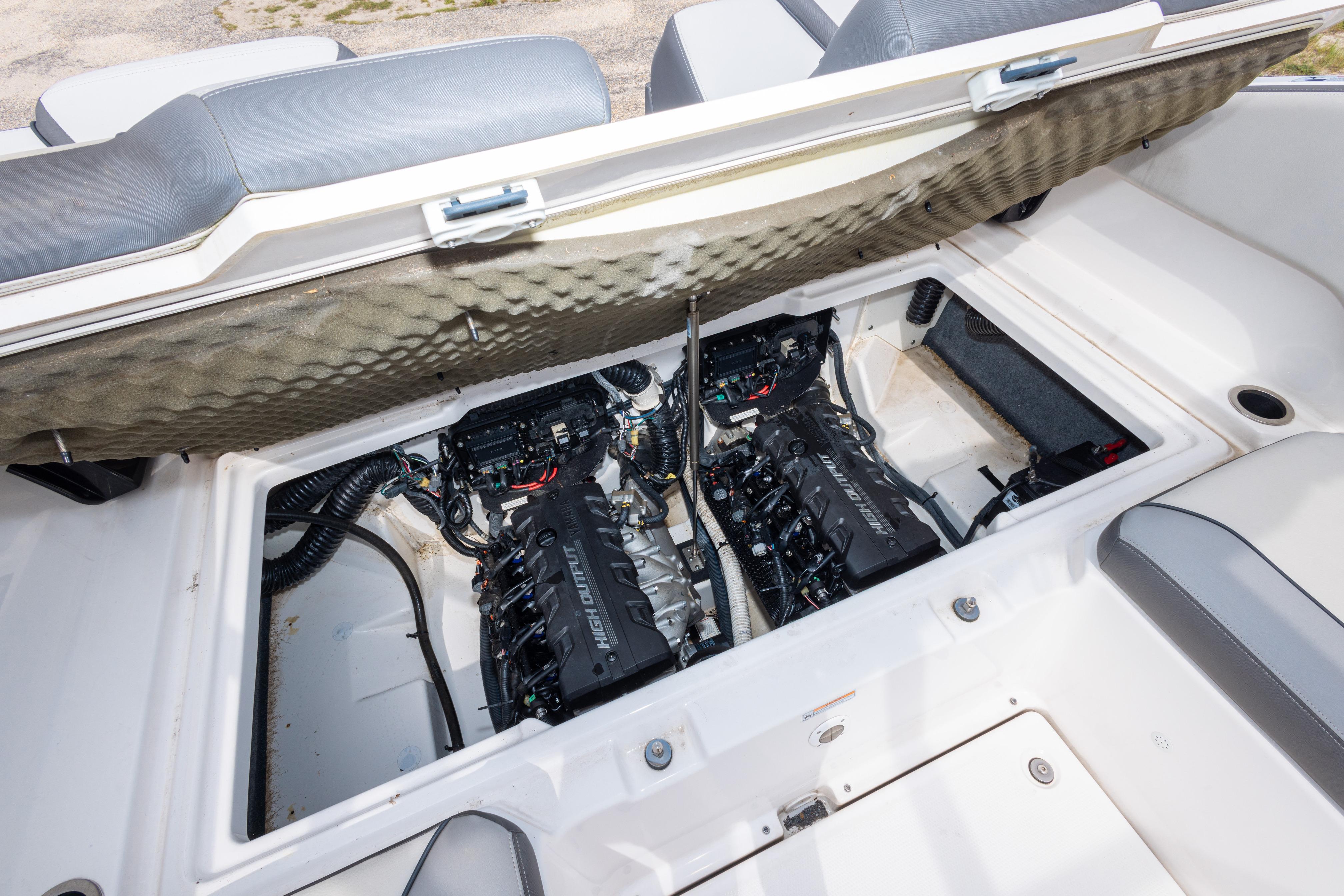 2021 Yamaha Boats AR250 engine compartment with dual high-output engines.