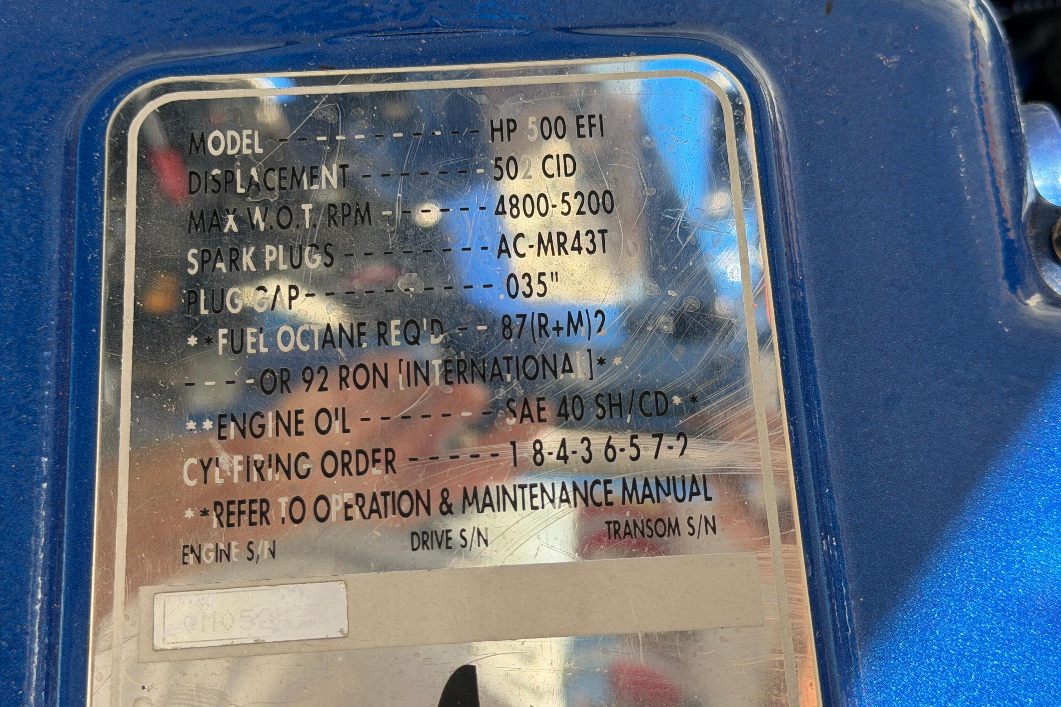 2002 Cigarette 35' Cafe Racer engine specifications plate with maintenance details.