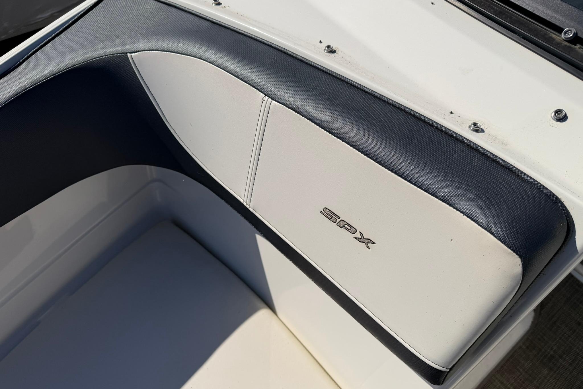 2016 Sea Ray SPX 210 boat interior with SPX logo on seat.