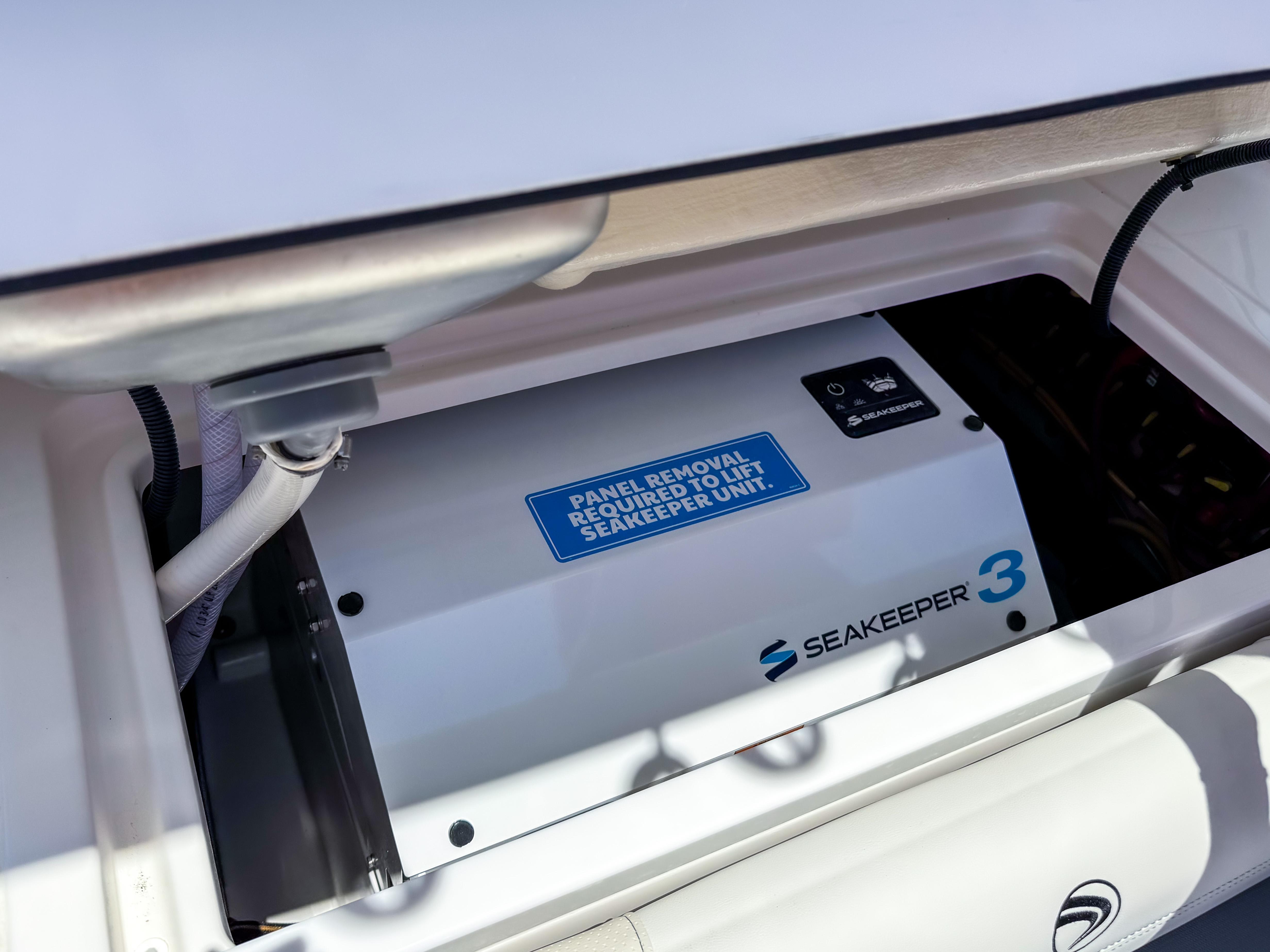 Seakeeper 3 stabilizer installed in 2025 Edgewater 370CC boat compartment.