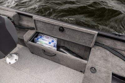 2026 Alumacraft Escape 165 CS boat storage compartment with fishing gear and tackle box.
