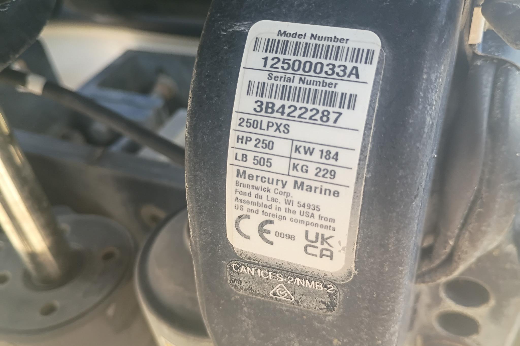 Label on Mercury Marine engine with model and serial numbers, iKon LX21, 2024.