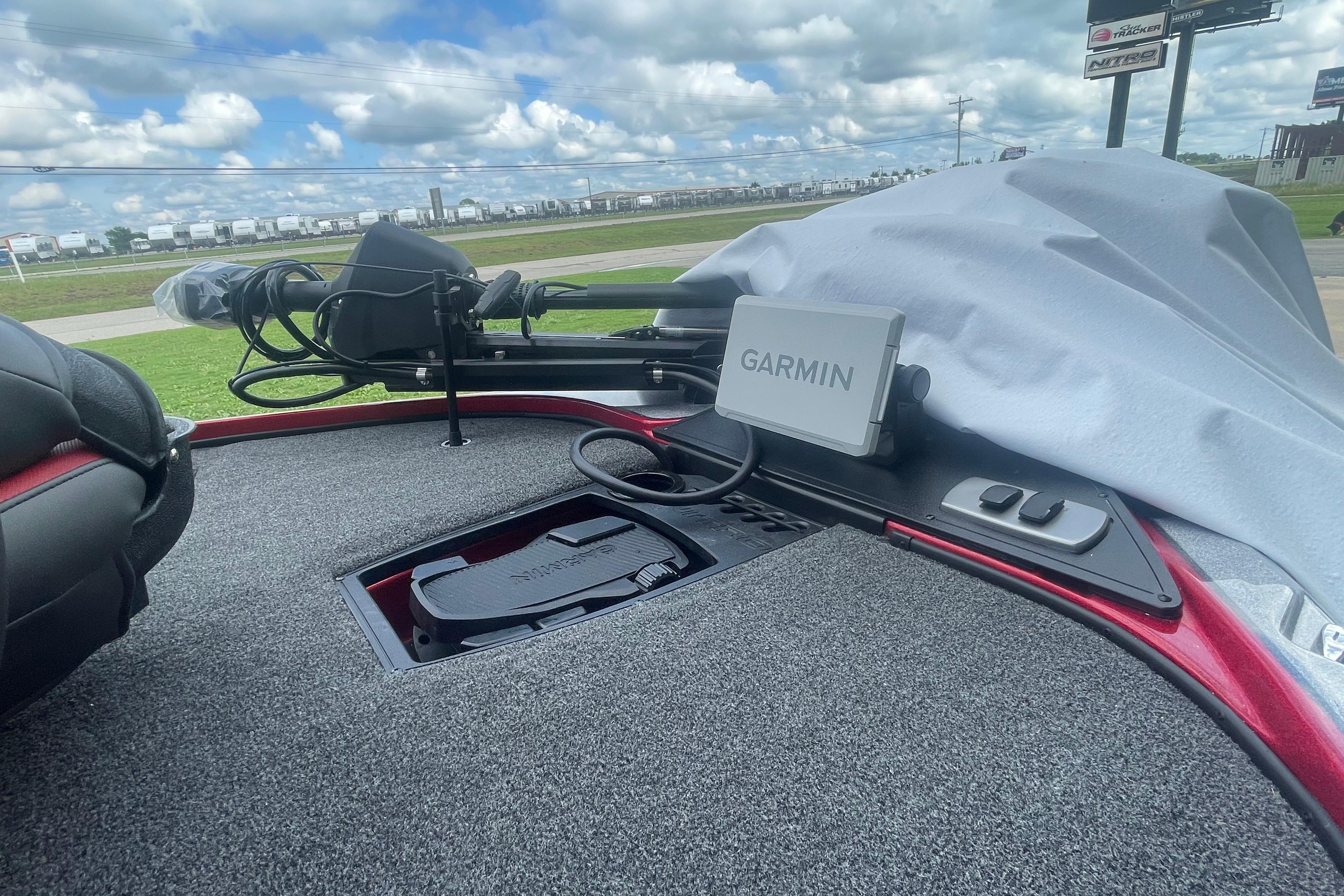 2026 Nitro Z18 Pro boat deck with Garmin navigation system and covered motor.
