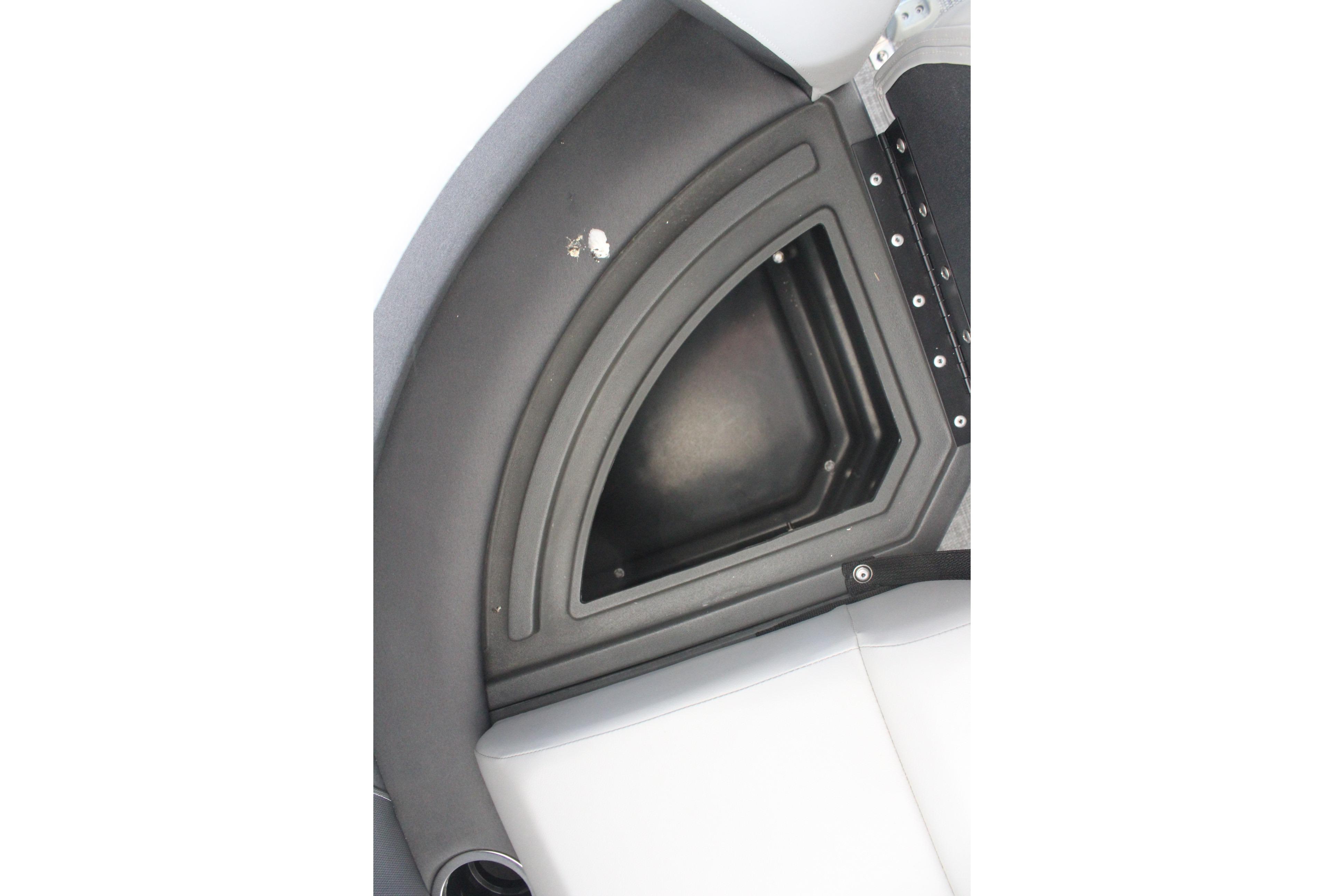 Storage compartment on 2026 Sun Tracker Party Barge 16 DLX pontoon boat.