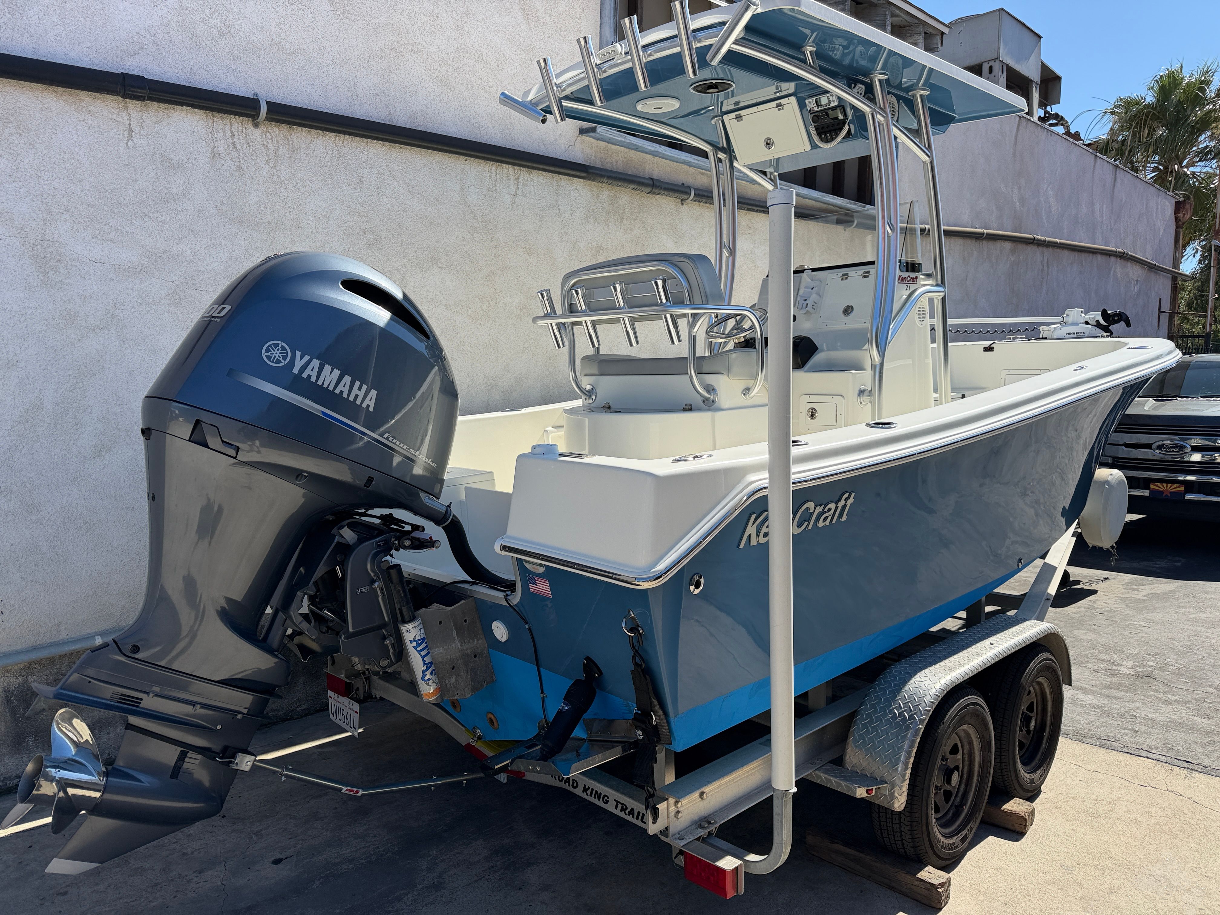 KenCraft Challenger 2021 boat with Yamaha engine on trailer.
