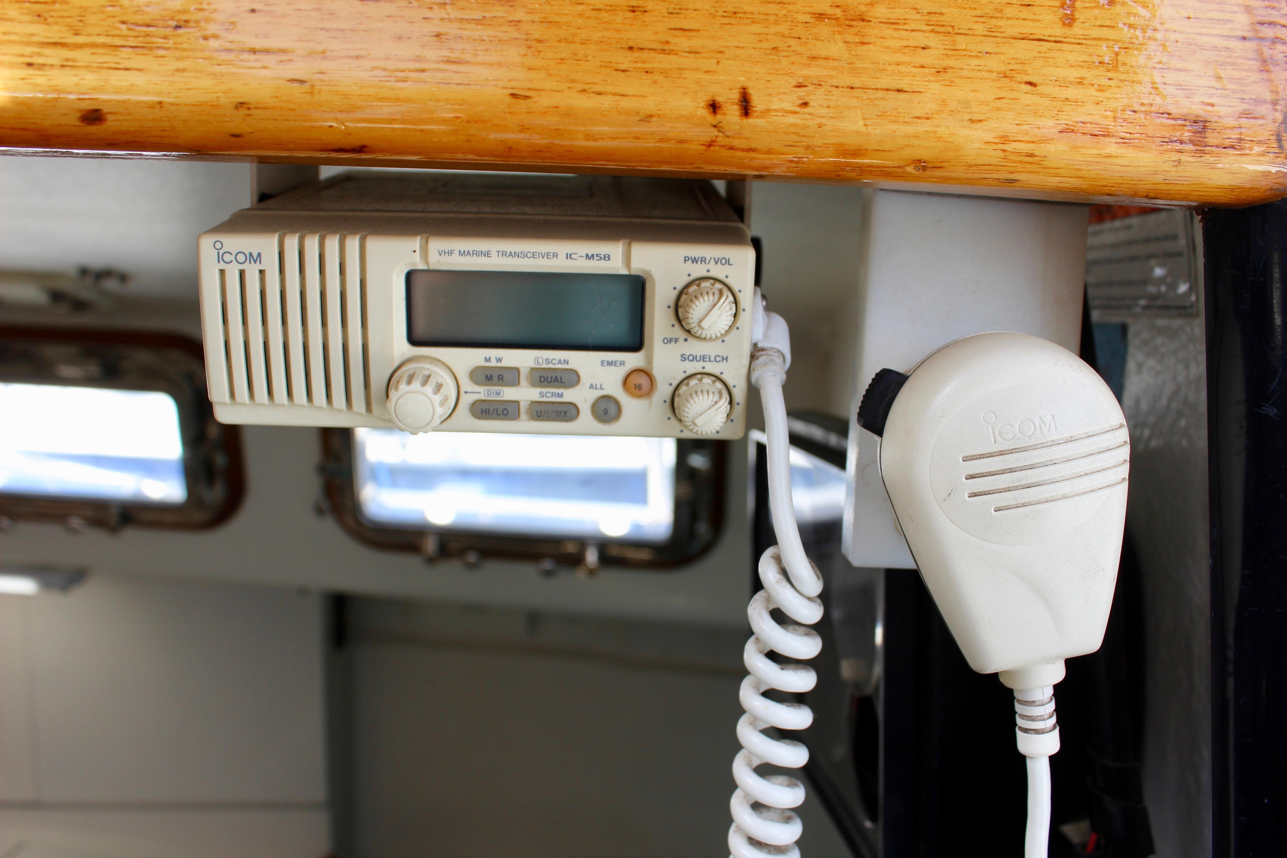 VHF marine transceiver IC-M58 in a 1993 Freya 39 boat interior.