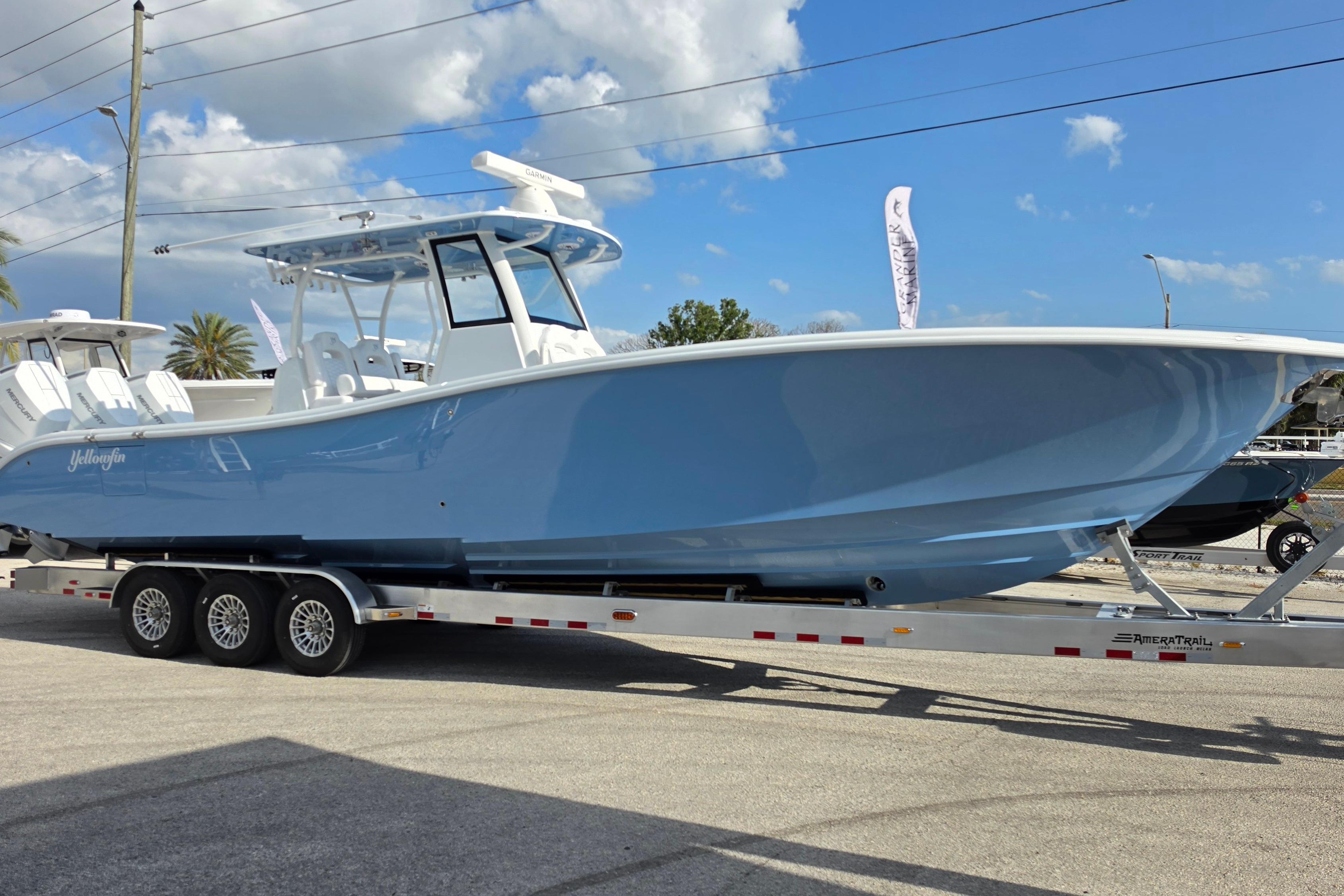 2026 Yellowfin 36 Offshore boat on trailer under blue sky.