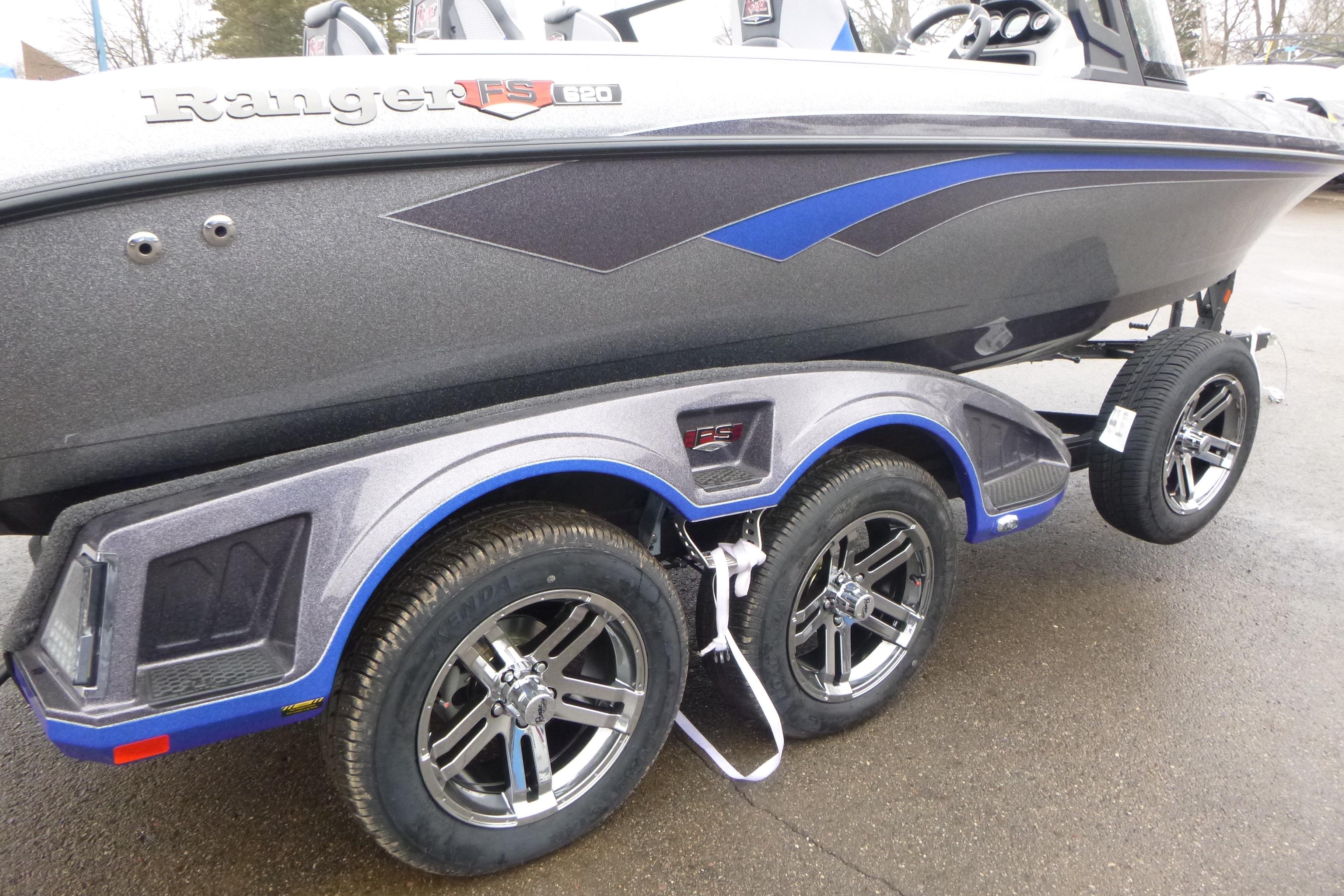 2026 Ranger 620FS Cup Equipped boat on trailer with stylish wheels.
