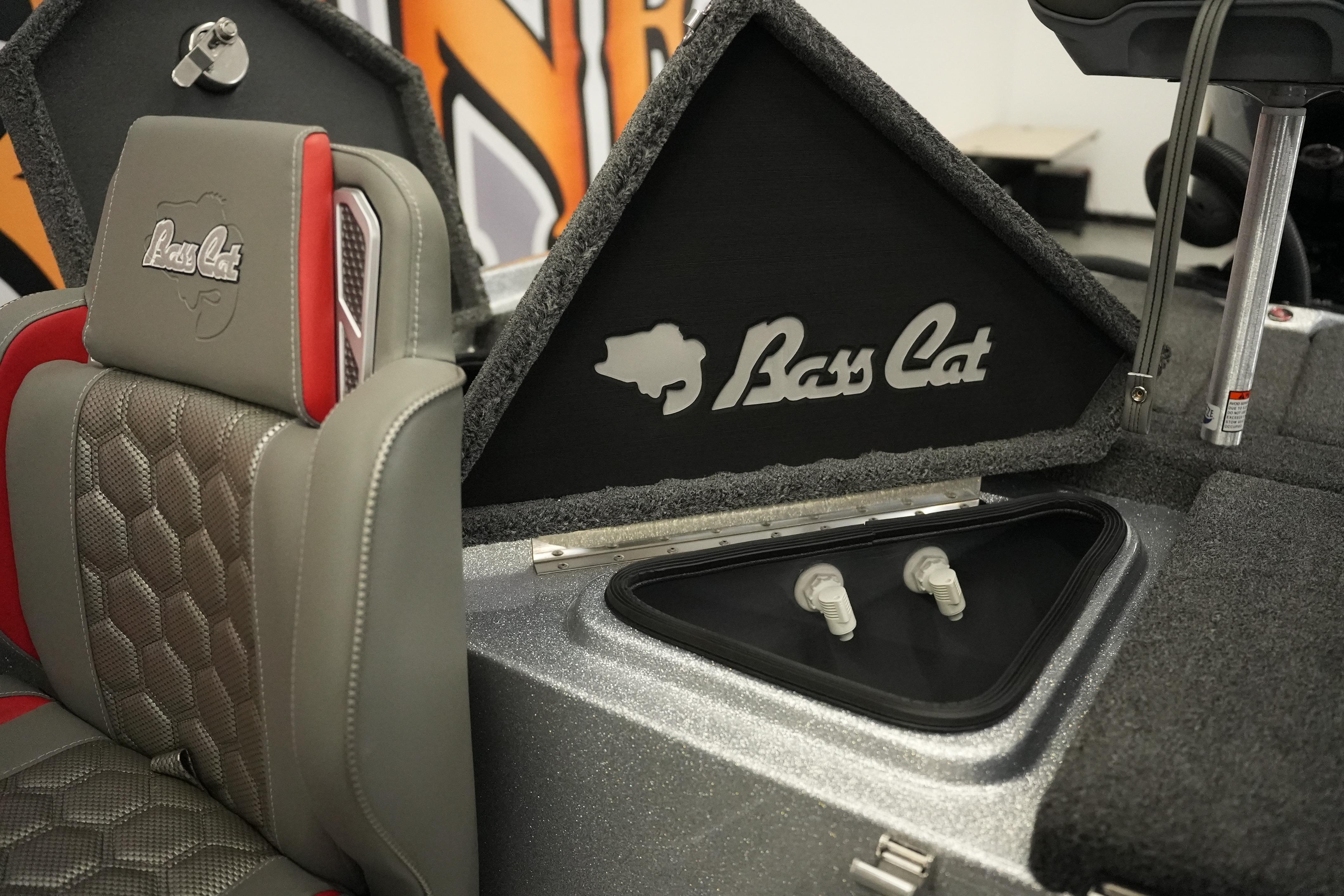 2026 Bass Cat Lynx STS boat interior with logo and seating detail.