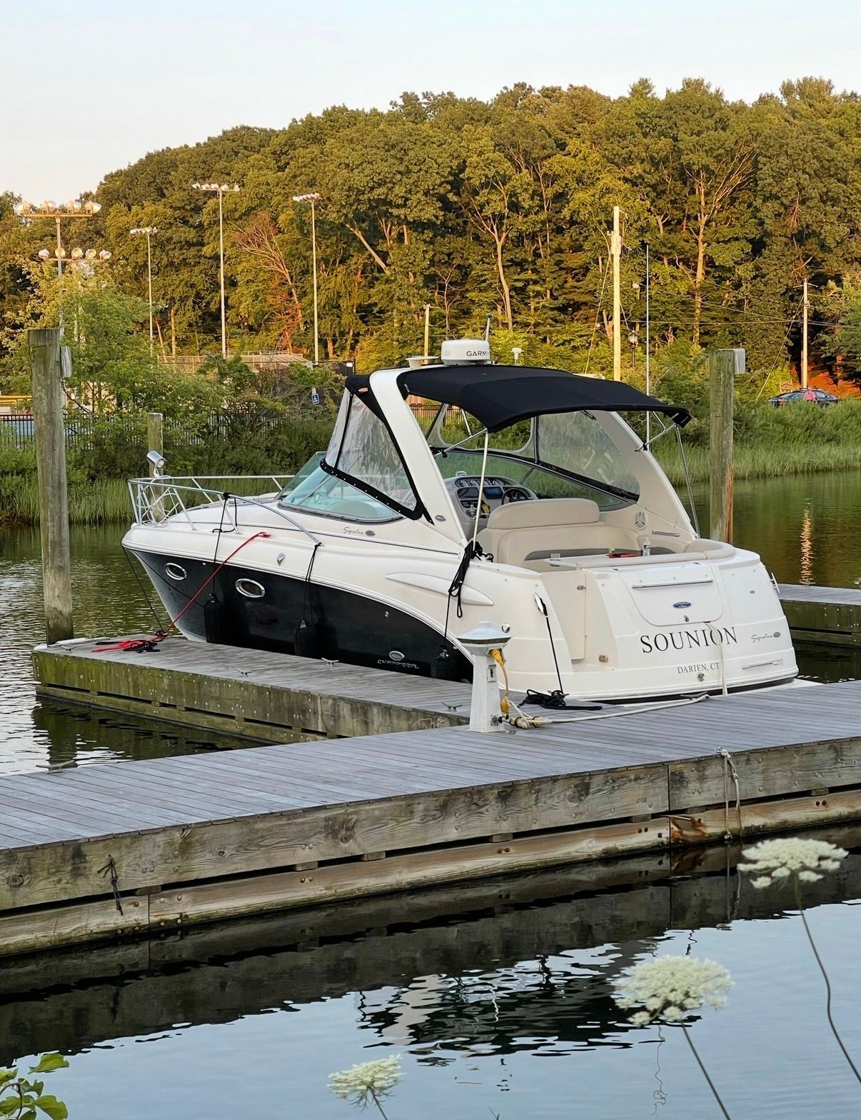 2006 Chaparral Signature 310 boat docked, surrounded by trees.