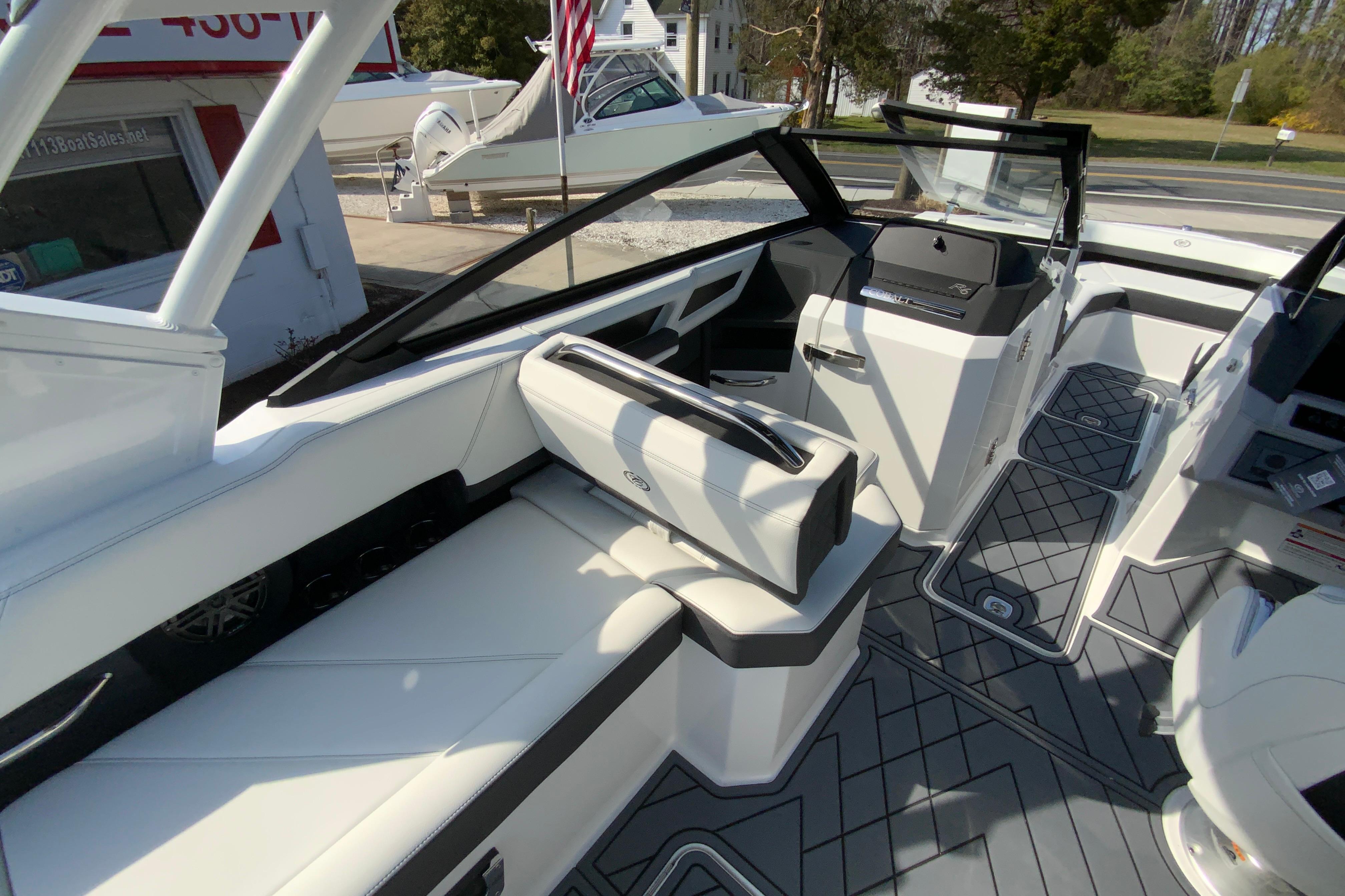 Interior of 2026 Cobalt R6 Outboard boat with modern seating and sleek design.
