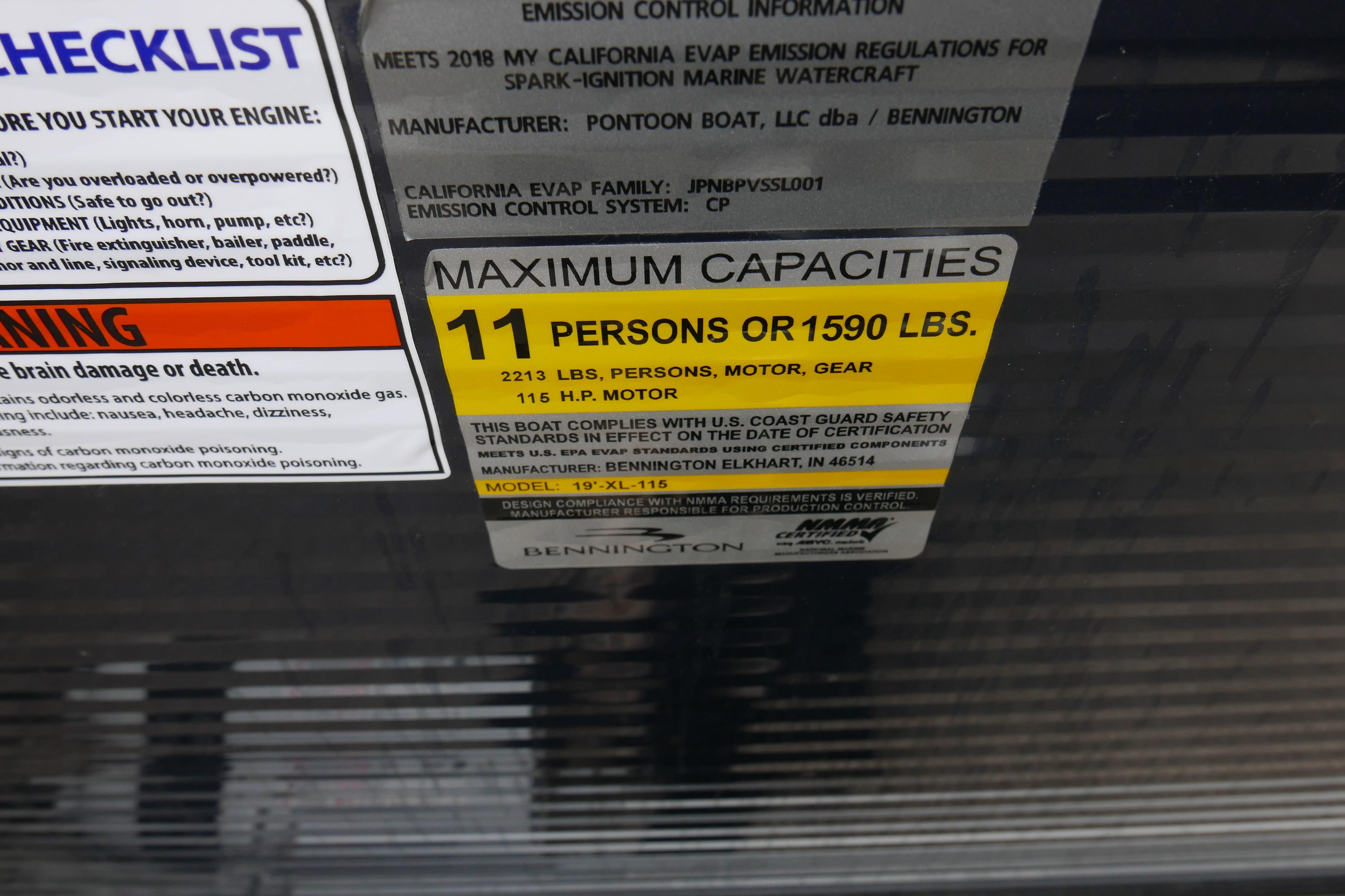 Capacity label on 2019 Bennington SX 20 SLXP, max 11 persons or 1590 lbs.