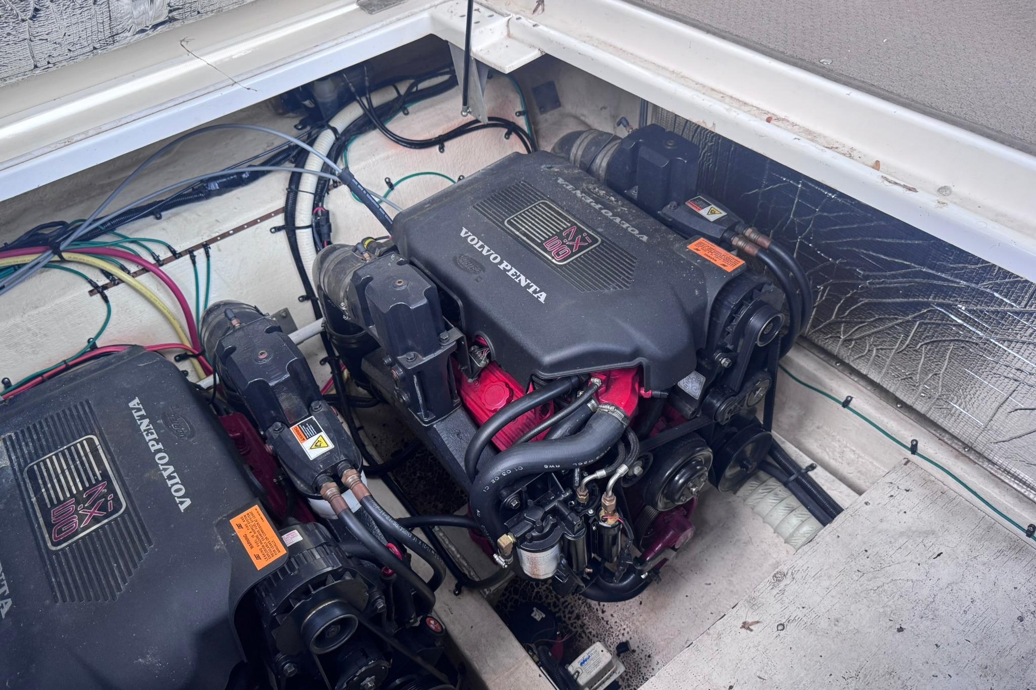 Engine compartment of a 2002 Cruisers Yachts 3275 Express with Volvo Penta engines.