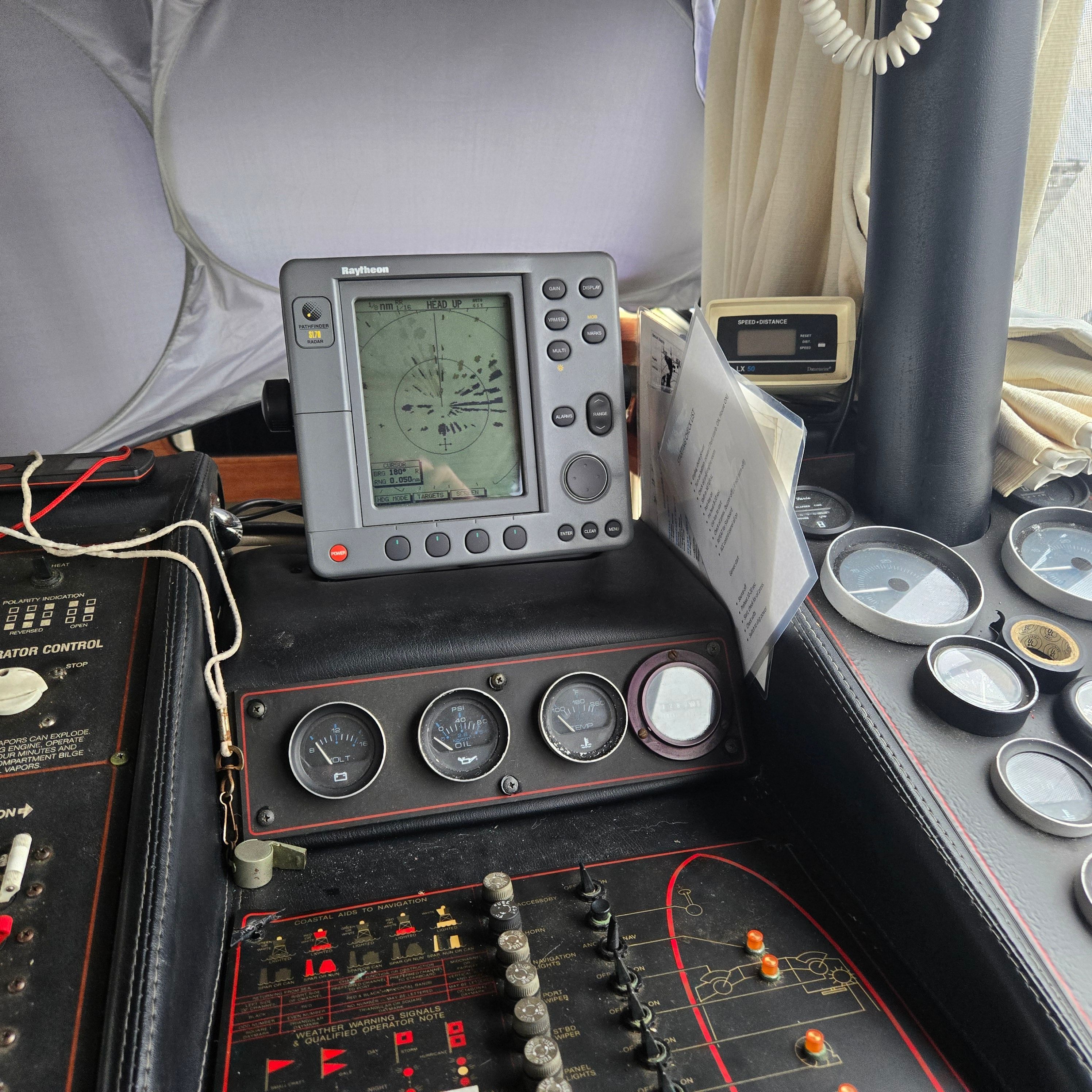 1984 Bayliner 3870 Motoryacht dashboard with navigation system.