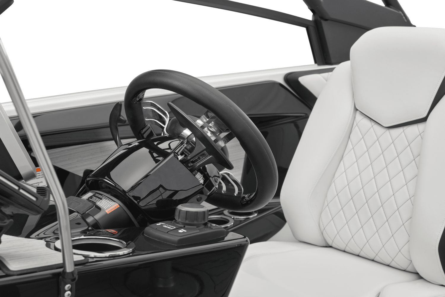 The image shows the cockpit of a Yamaha 222SD boat with a sleek steering wheel and white seats.