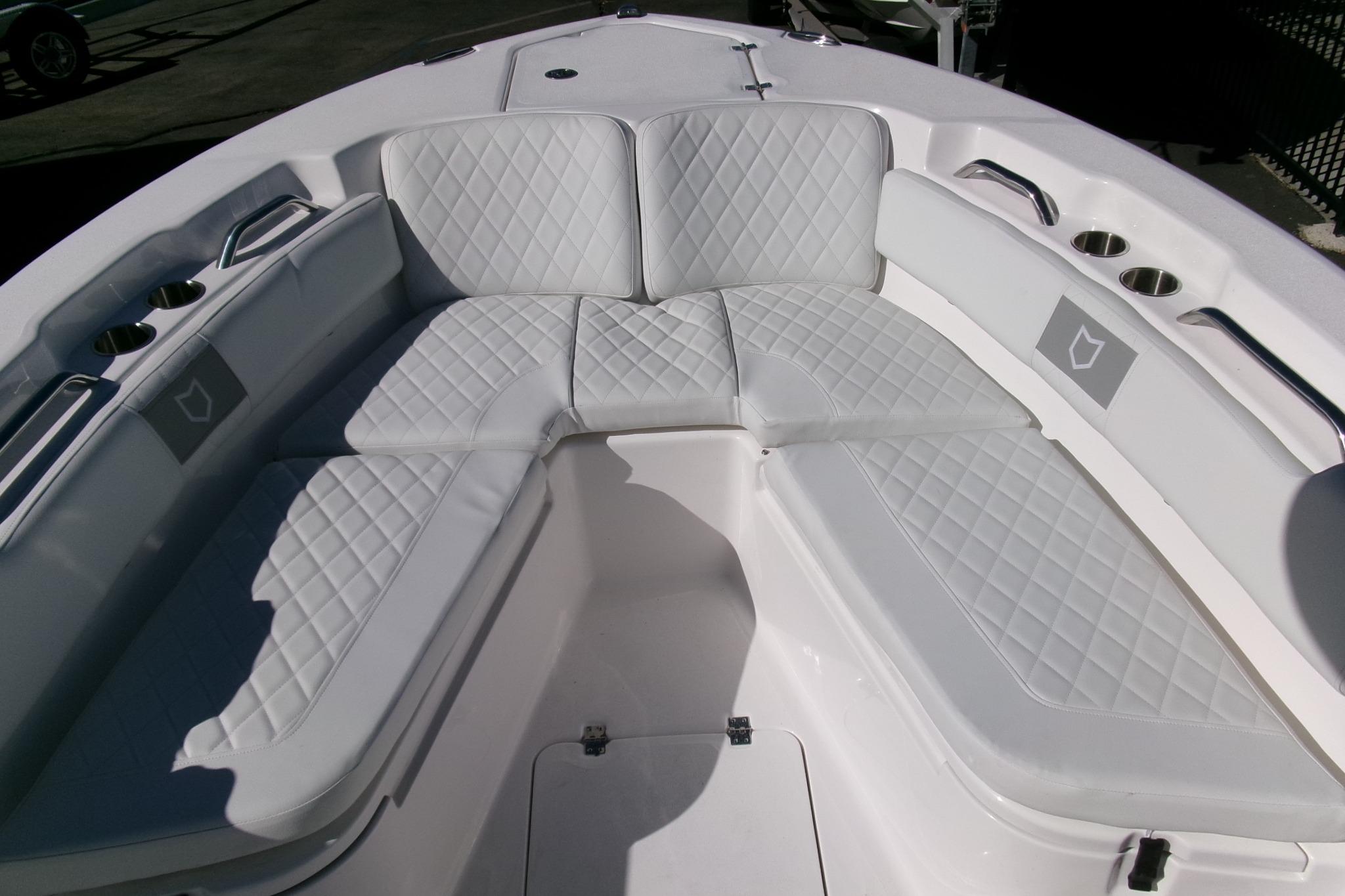 Interior of 2026 Sea Fox 248 Commander with cushioned seating.