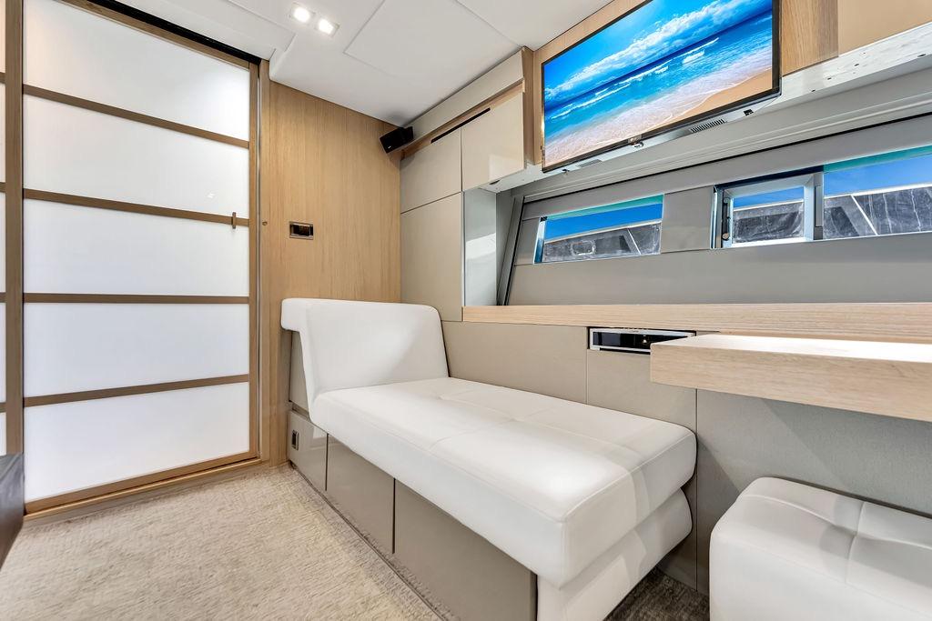 Luxurious interior of 2012 Fairline Targa 58 yacht with modern decor and ocean view.