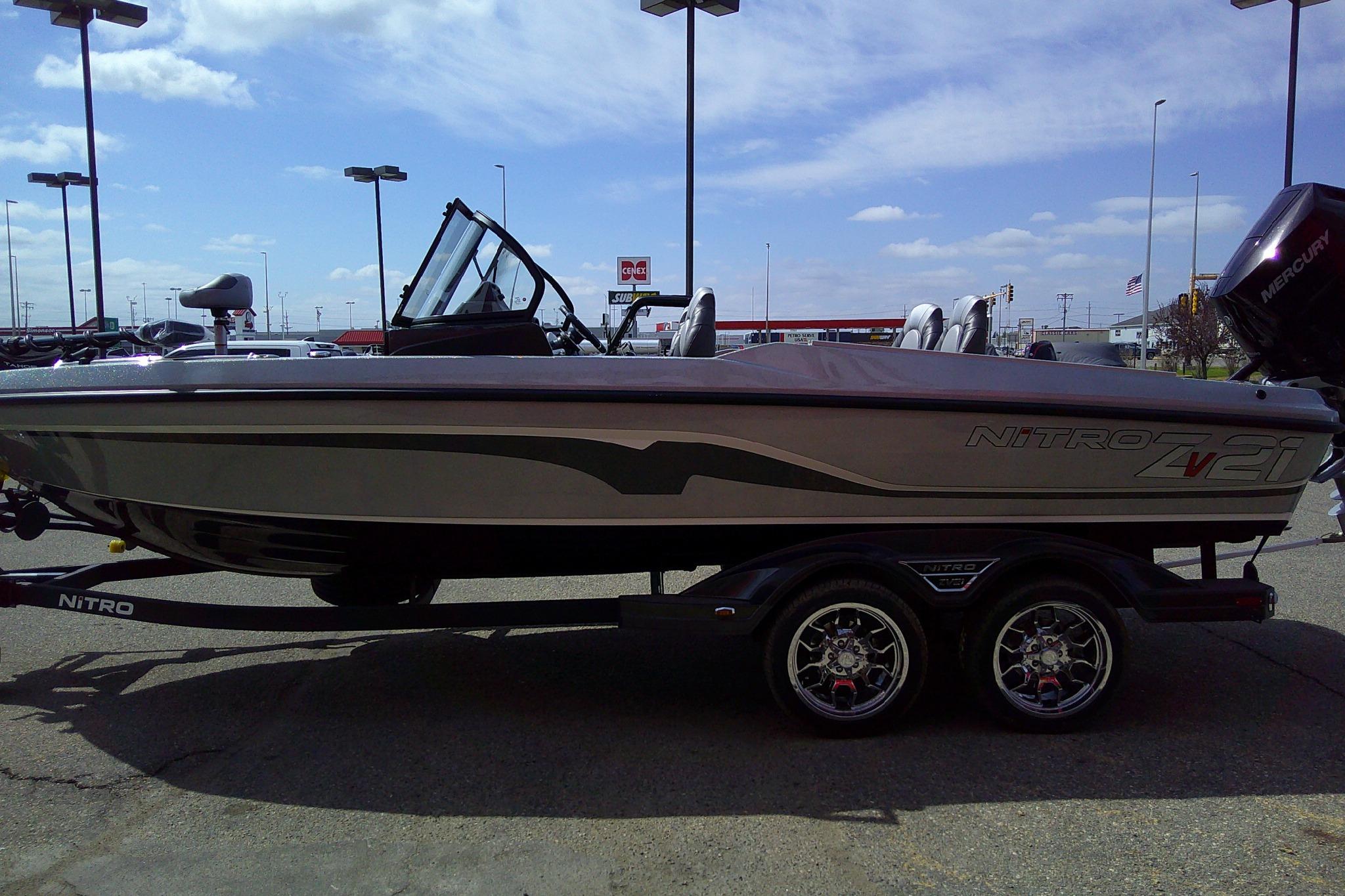 2026 Nitro ZV21 Pro boat on trailer in outdoor dealership lot.