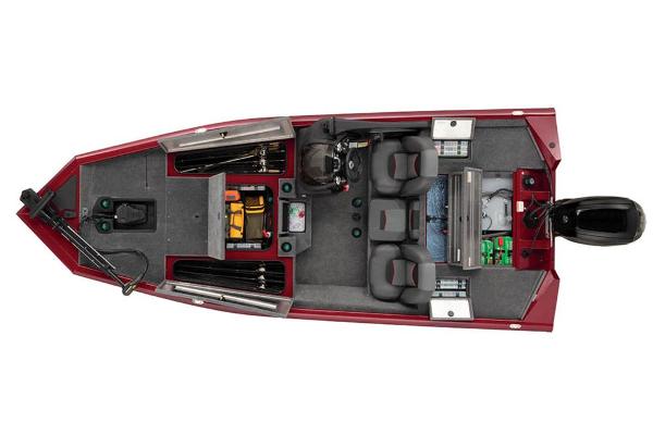 Top view of a red Tracker Pro Team 175 TXW boat with gray interior and fishing gear.