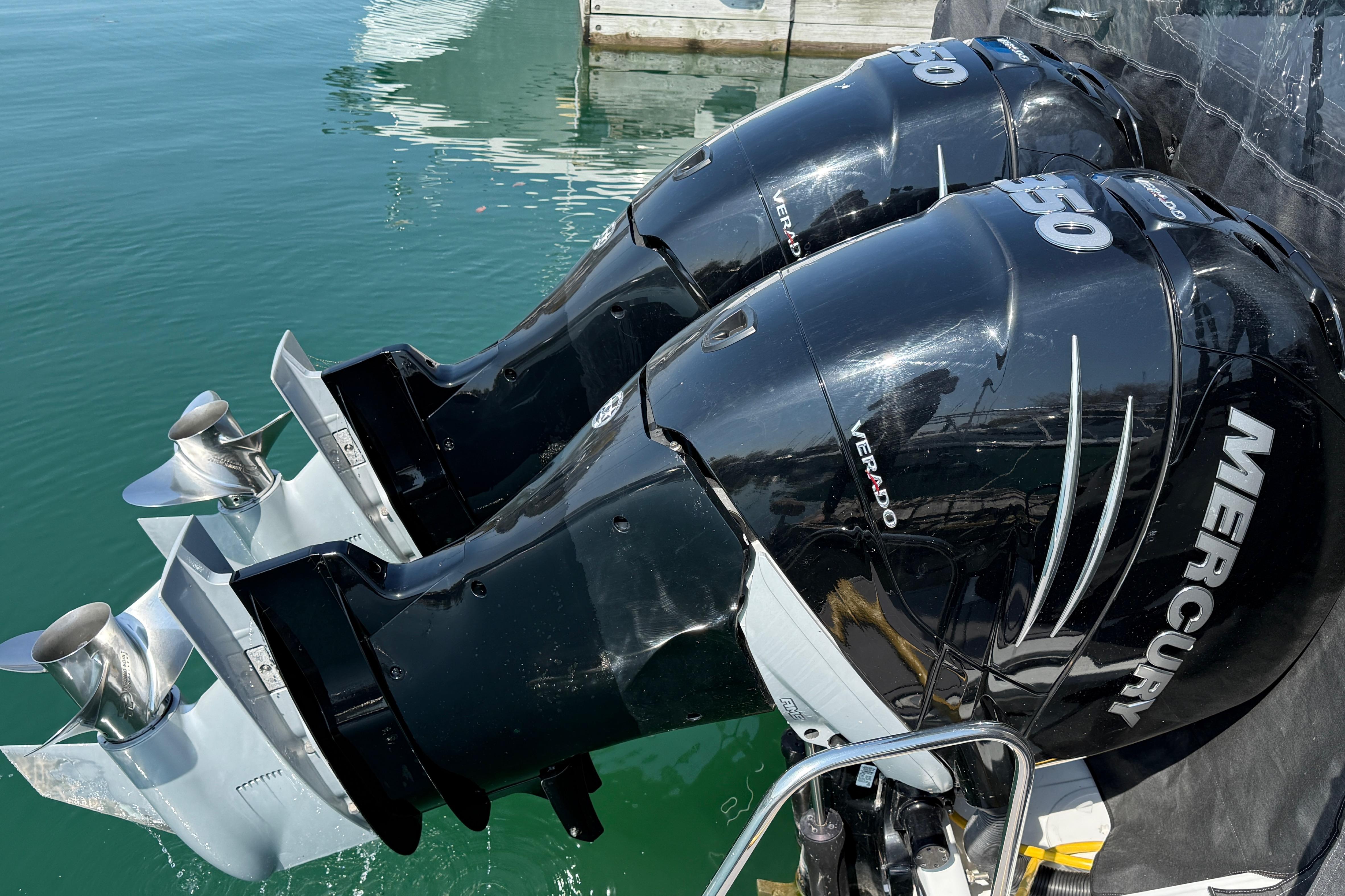 Twin Mercury Verado outboard engines on a 2022 Jeanneau NC 1095 Fly boat.