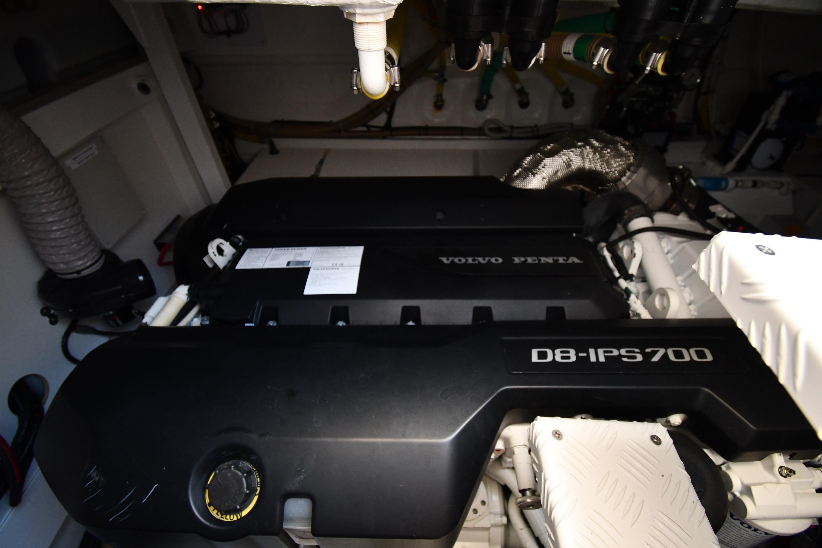 Engine room of 2024 Fairline G50 Targa with Volvo Penta D8-IPS700 engine.