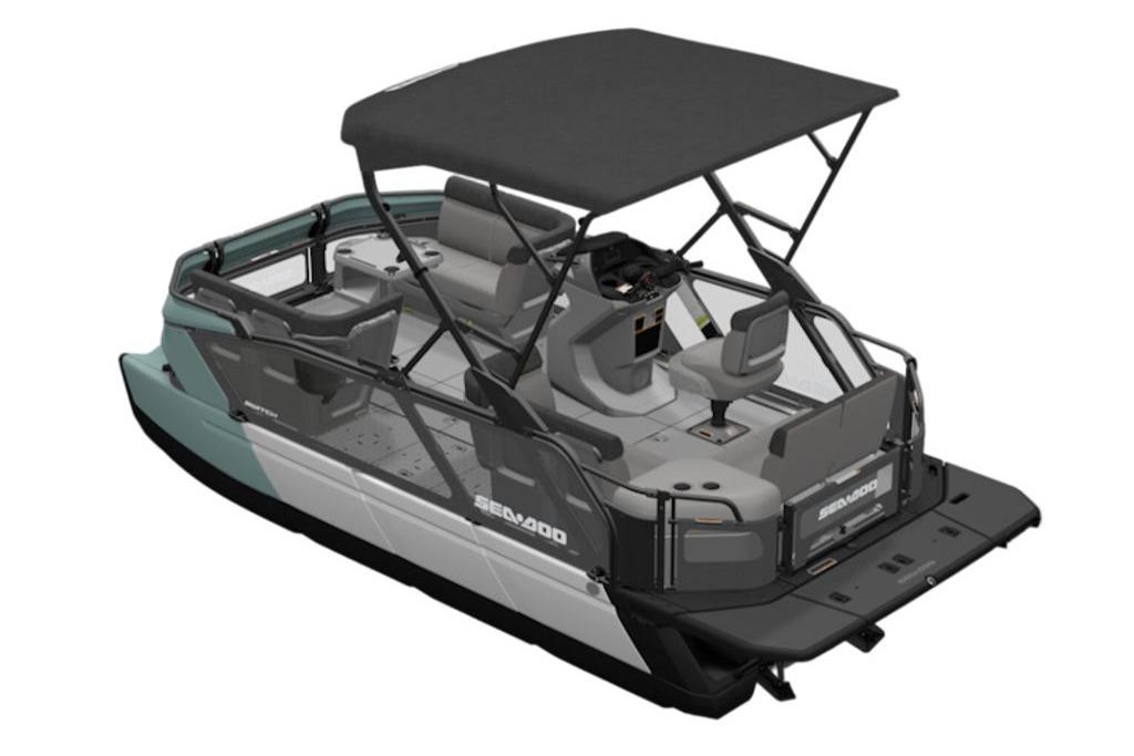 2026 Sea-Doo Switch Cruise 18 pontoon boat with black canopy.