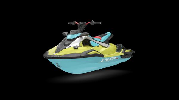 2025 Yamaha Waverunner Jet Blaster Pro 3up in vibrant yellow and blue on black background.