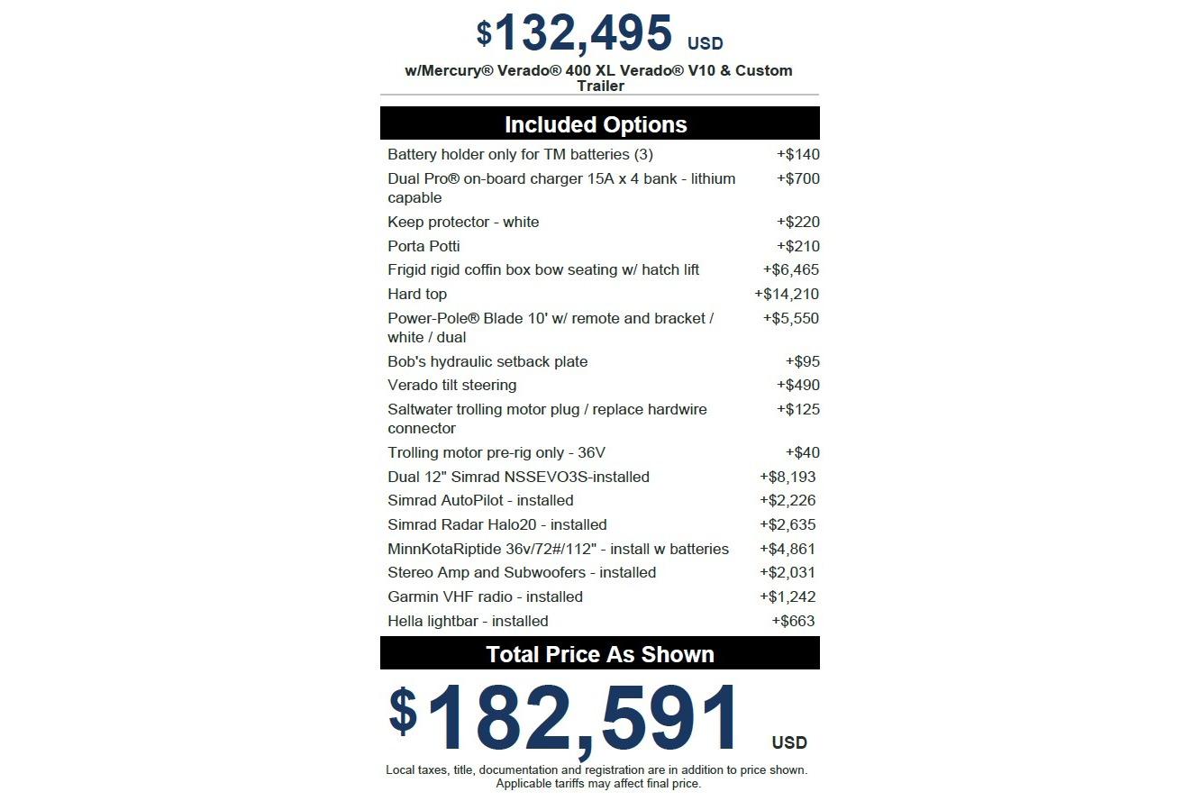 2026 Ranger 2600 Bay boat pricing and options list with total cost of $182,591 USD.