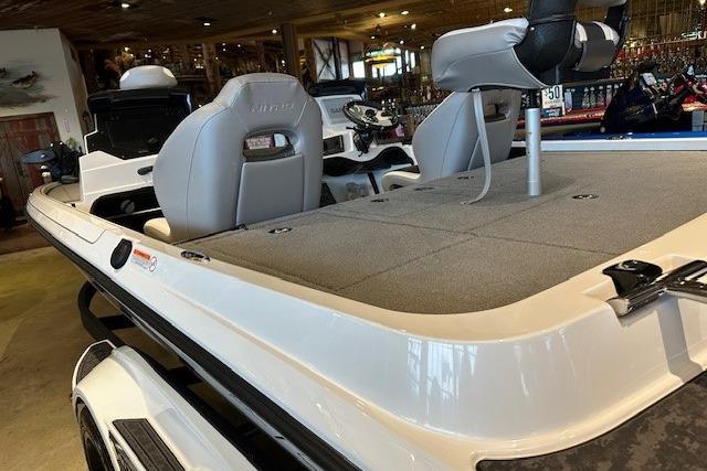 2026 Nitro Z19 XL Pro boat interior with gray seating and spacious deck.