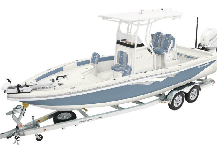 2026 Ranger 2360 Bay boat on trailer, featuring sleek design and modern amenities.